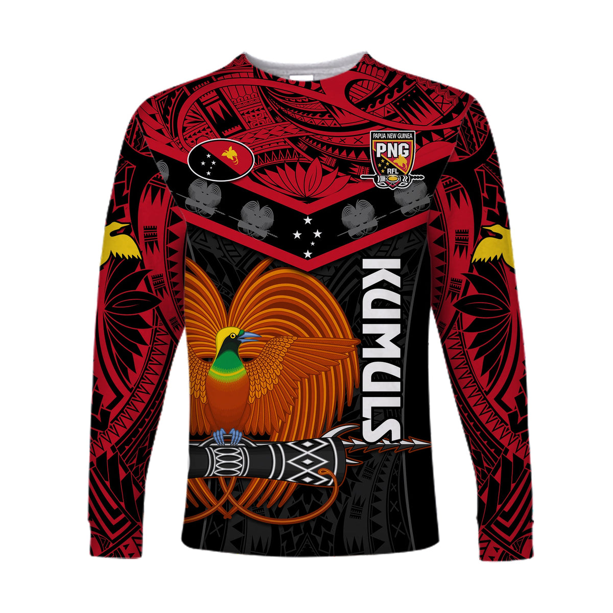 (Custom Text And Number) Papua New Guinea Rugby Long Sleeve Shirt PNG Kumuls Bird Of Paradise Black LT14 - Polynesian Pride