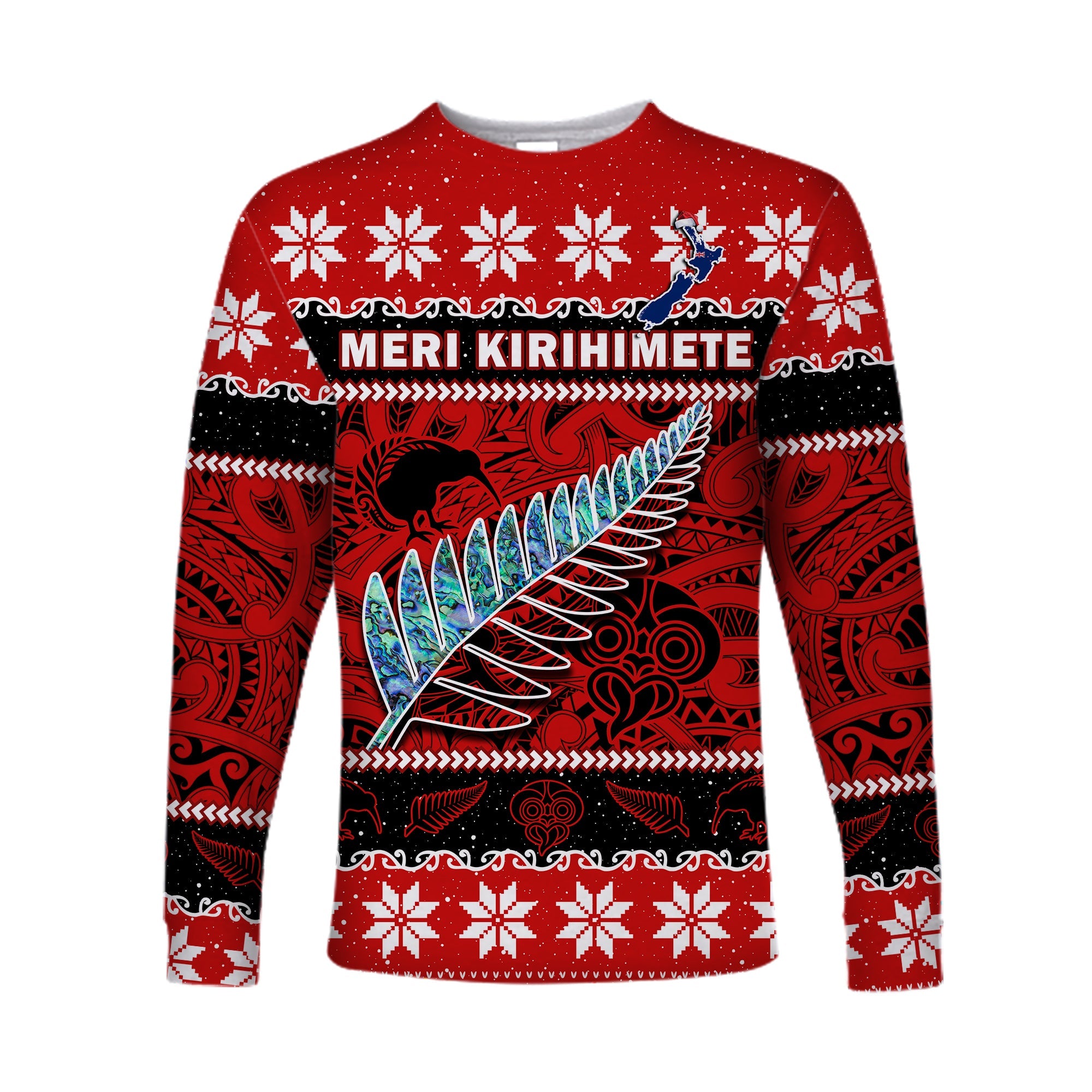 New Zealand Christmas Long Sleeve Shirt Paua Shell Silver Fern Meri Kirihimete LT14 Unisex Red - Polynesian Pride