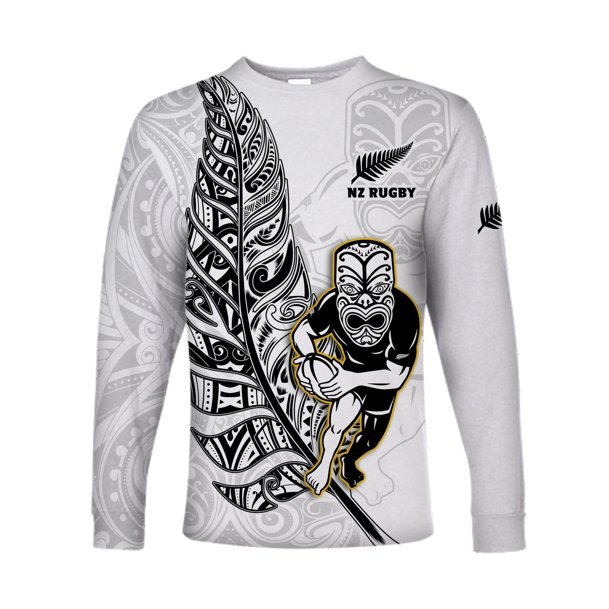 New Zealand Silver Fern Rugby Long Sleeve Shirt All Black Maori Version White LT14 Unisex White - Polynesian Pride