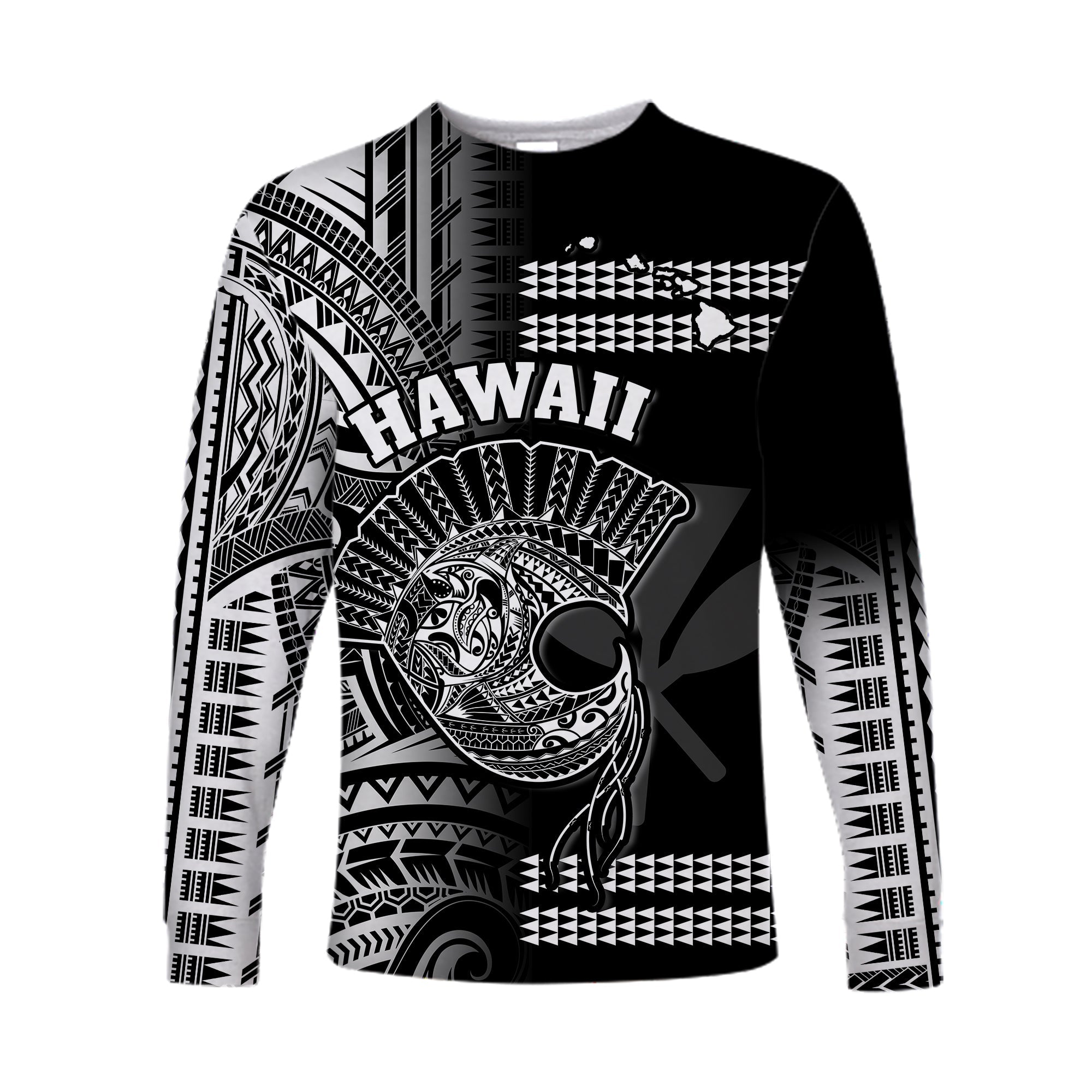 Hawaii Long Sleeve Shirt Kakau Warrior Helmet Gradient White Polynesian LT14 Unisex White - Polynesian Pride