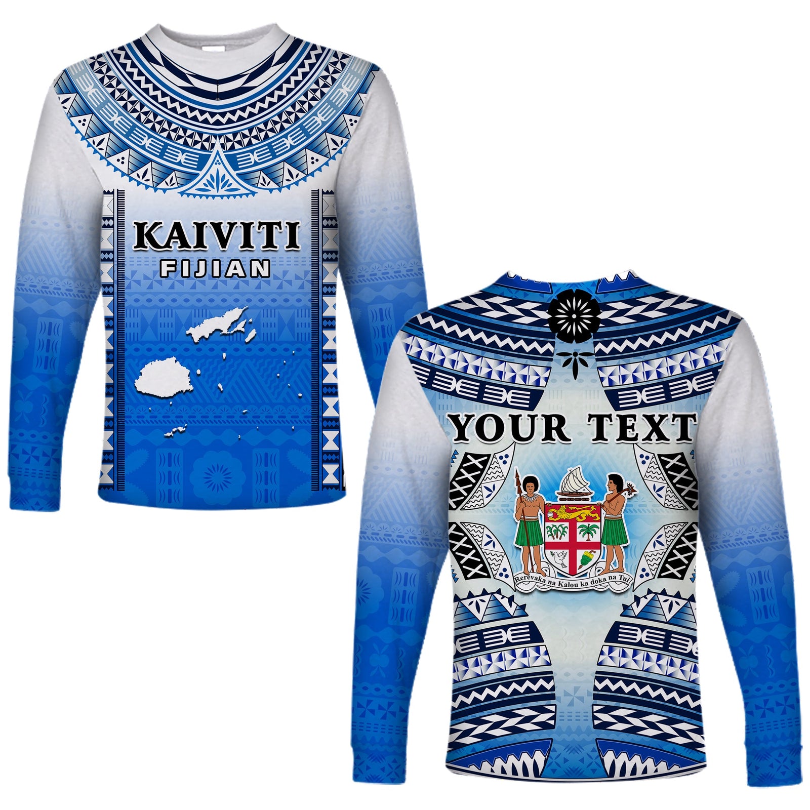 Personalised Fiji Long Sleeve Shirt Kaiviti Fijian Special Tapa Pattern LT14 Unisex Blue - Polynesian Pride