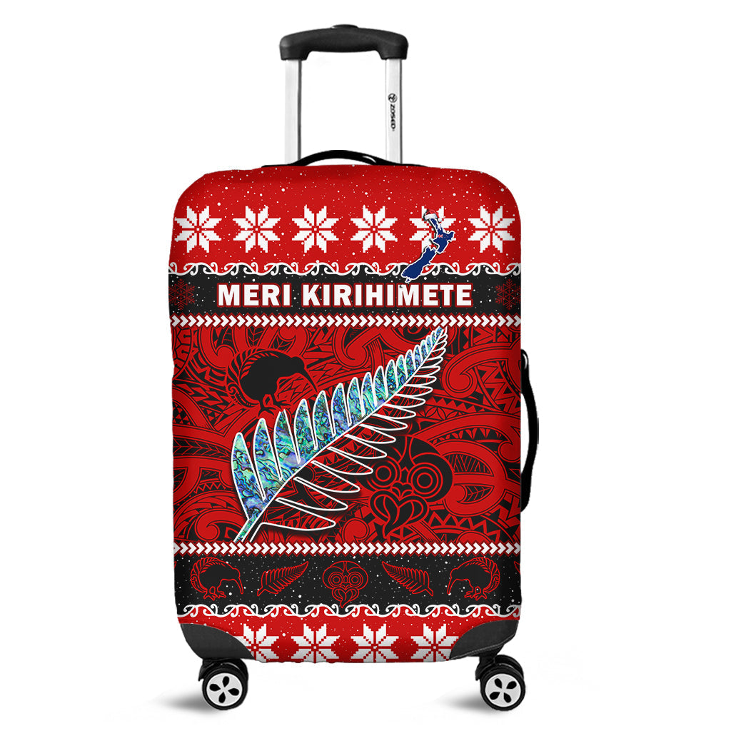 New Zealand Christmas Luggage Cover Paua Shell Silver Fern Meri Kirihimete LT14 Red - Polynesian Pride