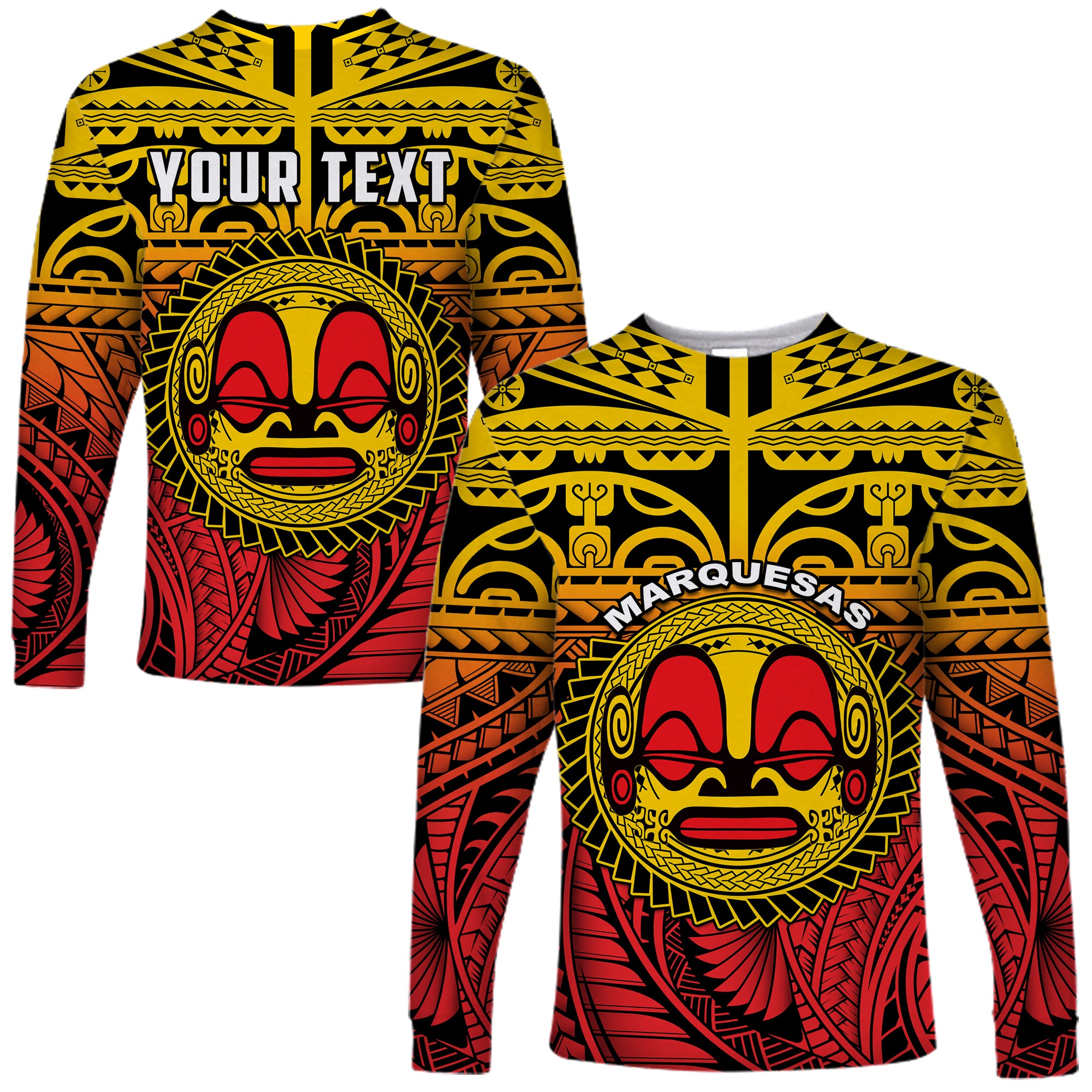 (Custom Personalised) Marquesas Islands Long Sleeve Shirt Mata Tiki Polynesian Pattern LT13 Unisex Yellow - Polynesian Pride
