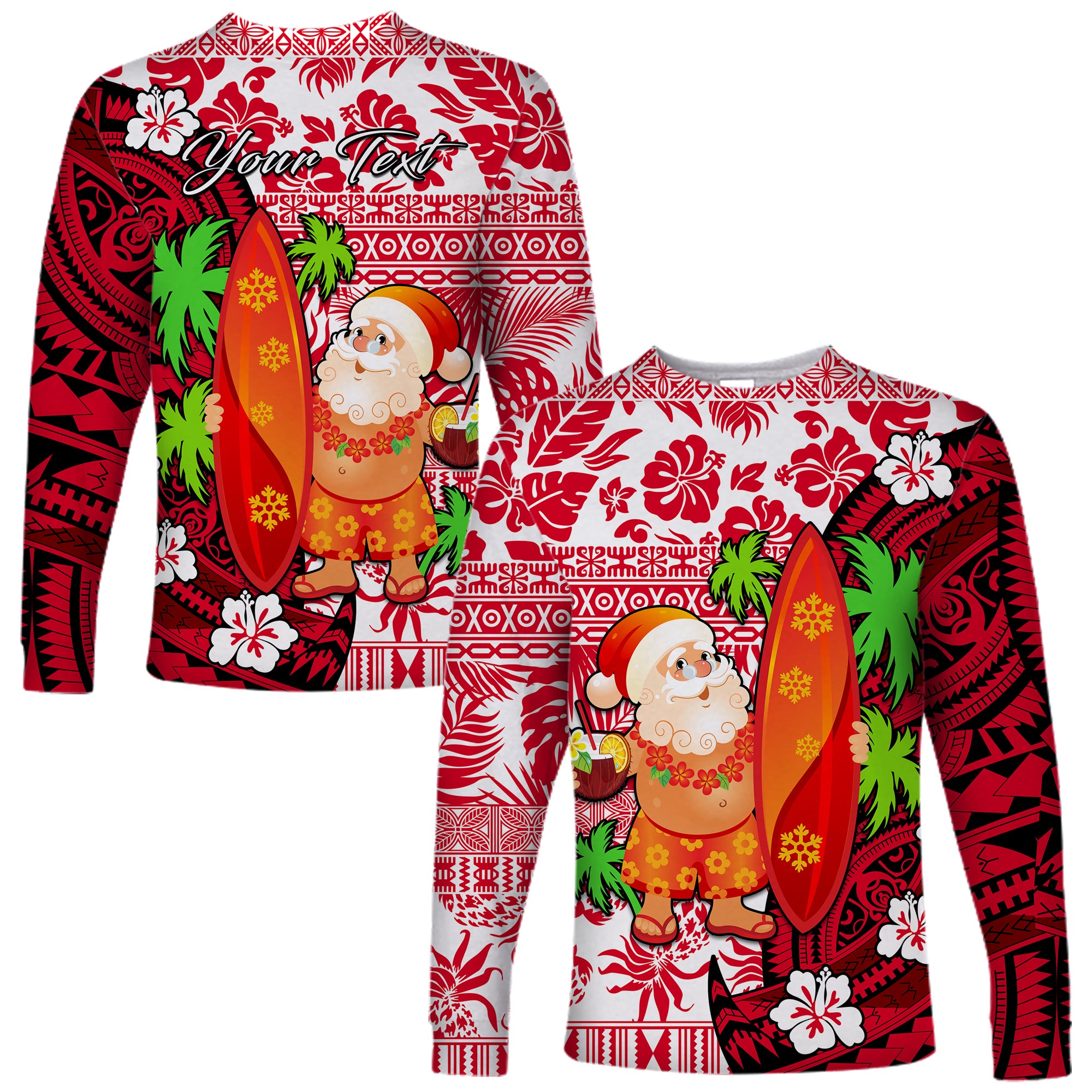 (Custom Personalised) Mele Kalikimaka Long Sleeve Shirt Christmas Hawaii with Santa Claus LT13 Unisex Red - Polynesian Pride