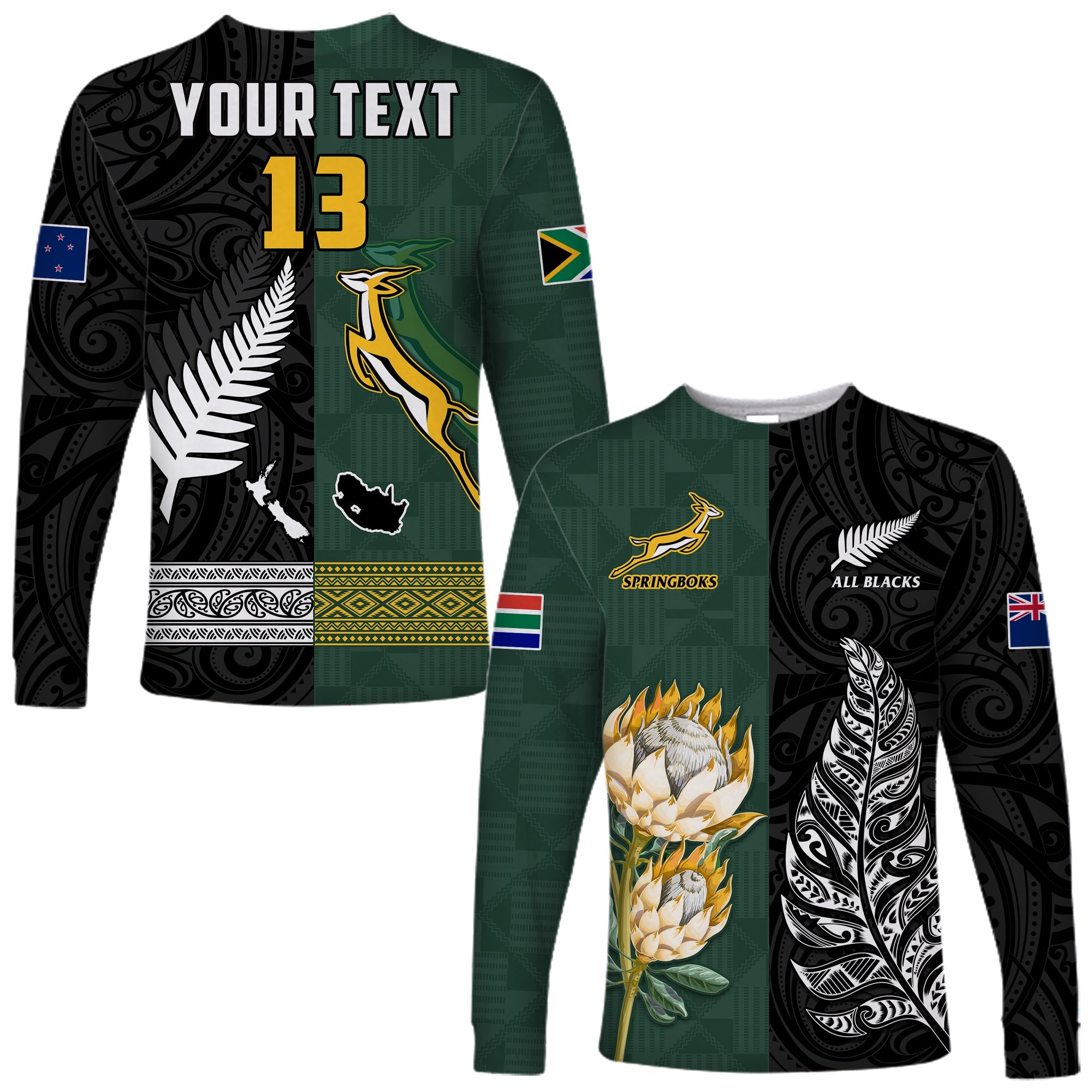 (Custom Text and Number) South Africa Protea and New Zealand Fern Long Sleeve Shirt Rugby Go Springboks vs All Black LT13 Unisex Art - Polynesian Pride