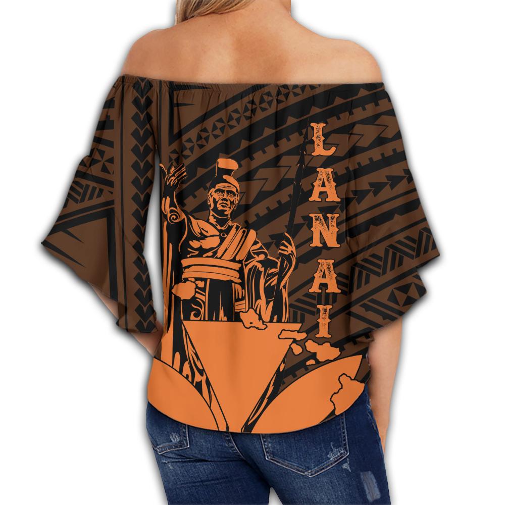 Hawaiian King Kanaka Map Polynesian Lanai Women's Off Shoulder Wrap Waist Top - Orange - Hala Style - AH - Polynesian Pride