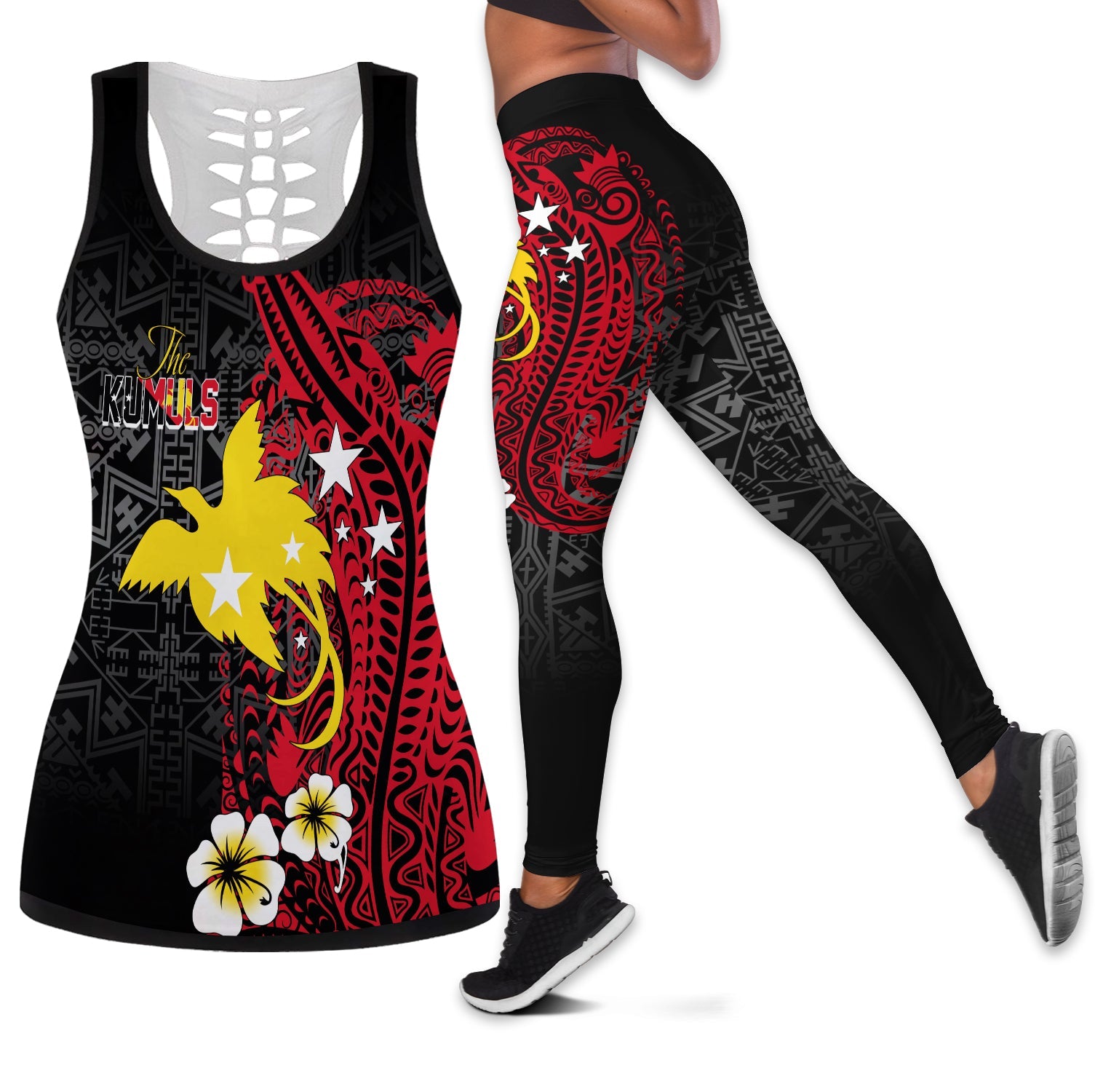 Papua New Guinea Independence Hollow Tank and Leggings Combo PNG Kumuls - Tribal Crocodile LT7 Black - Polynesian Pride