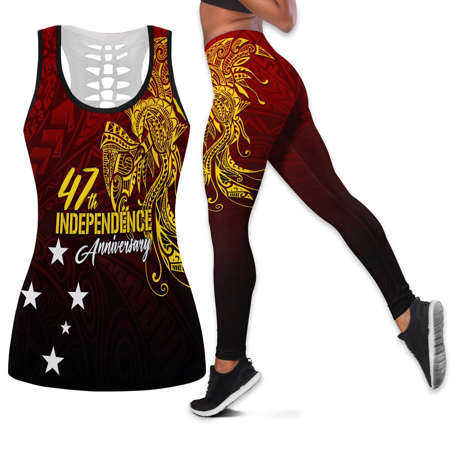 Papua New Guinea Hollow Tank and Leggings Combo 47th Independence Anniversary - Tribal Bird of Paradise LT7
