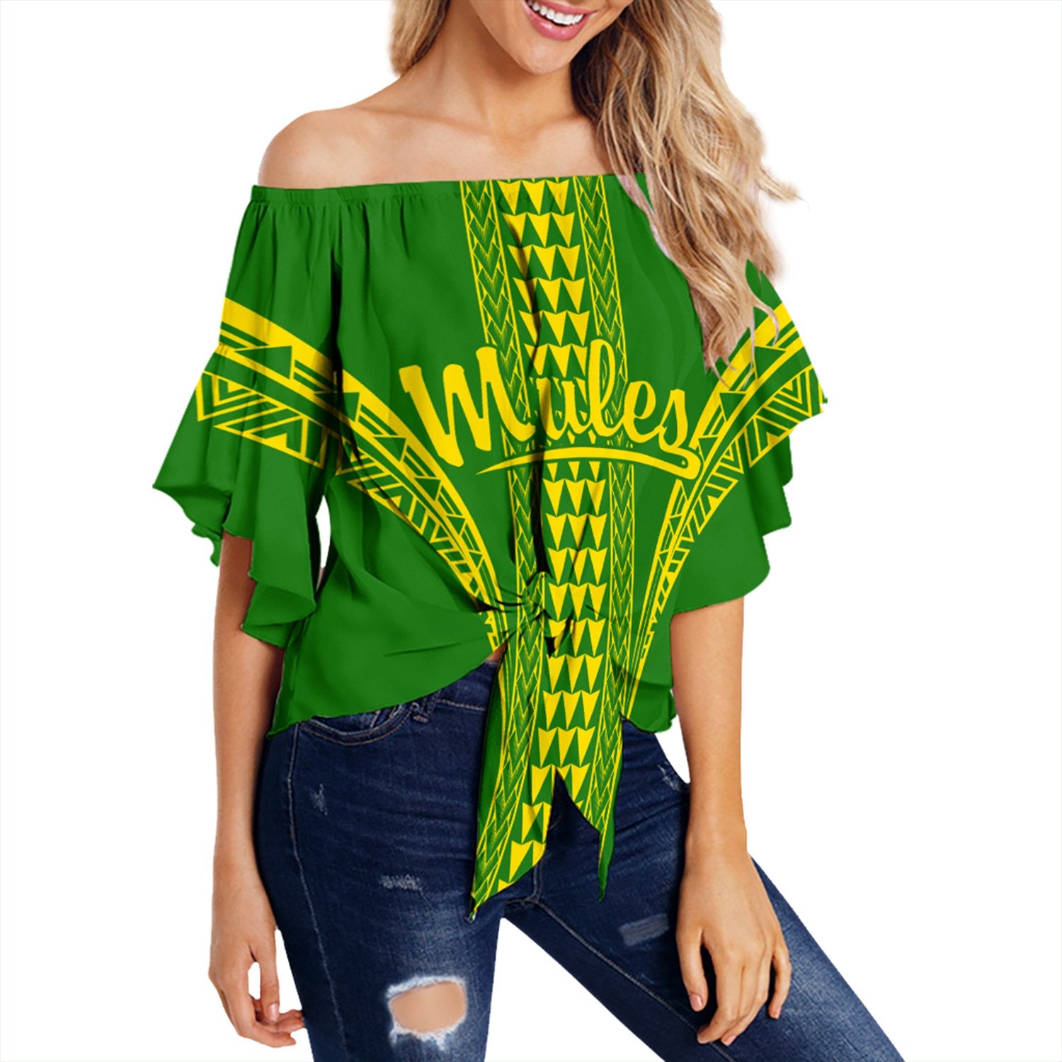 Hawaii - Leilehua High Off Shoulder Waist Wrap Top AH Female Green - Polynesian Pride