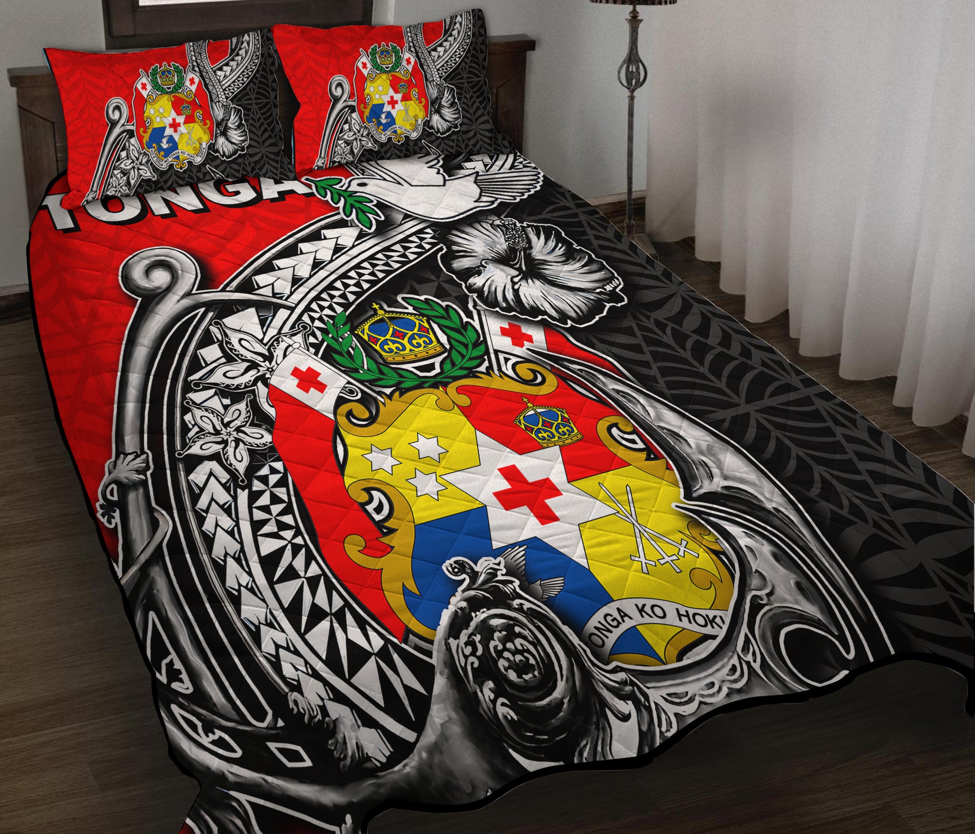 Tonga Hook Tattoo Quilt Bed Set Black LT6 Red - Polynesian Pride