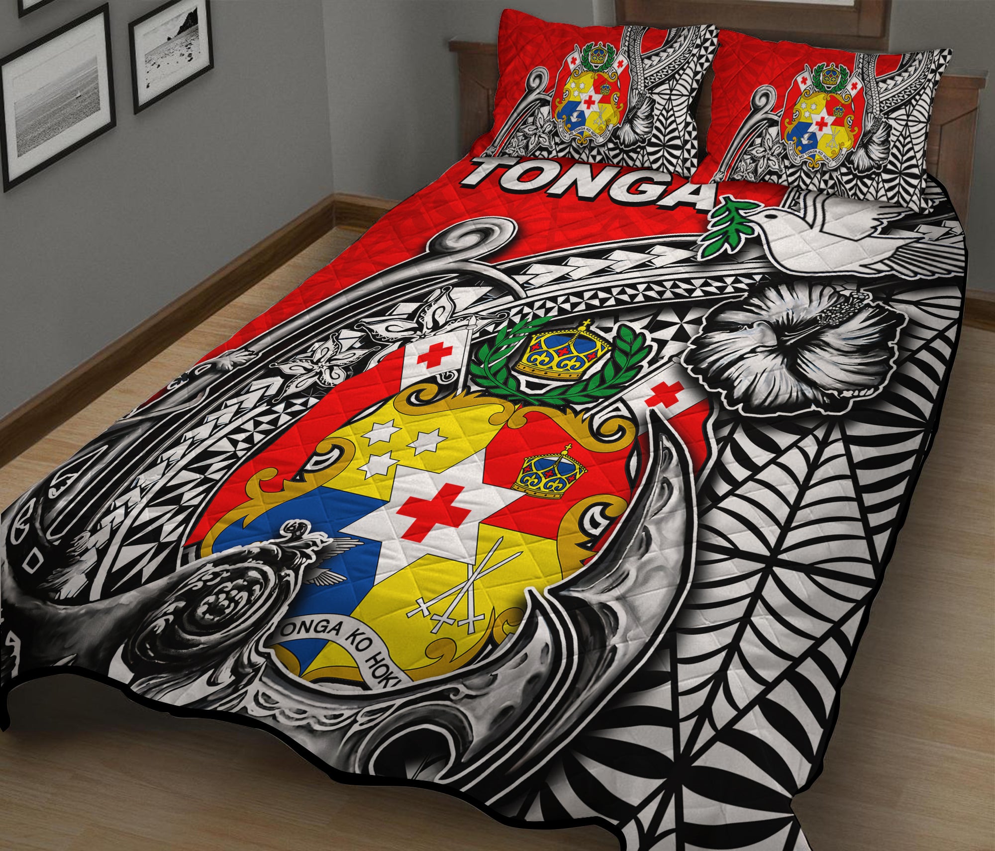 Tonga Hook Tattoo Quilt Bed Set White LT6 Red - Polynesian Pride