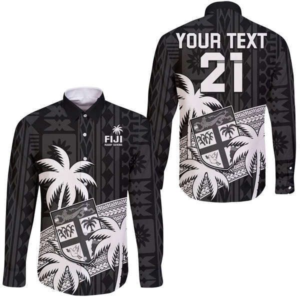 (Custom Text And Number) Fiji Rugby Sevens Long Sleeve Shirt Tapa Palm Tree and Fijian Coat of Arms LT9