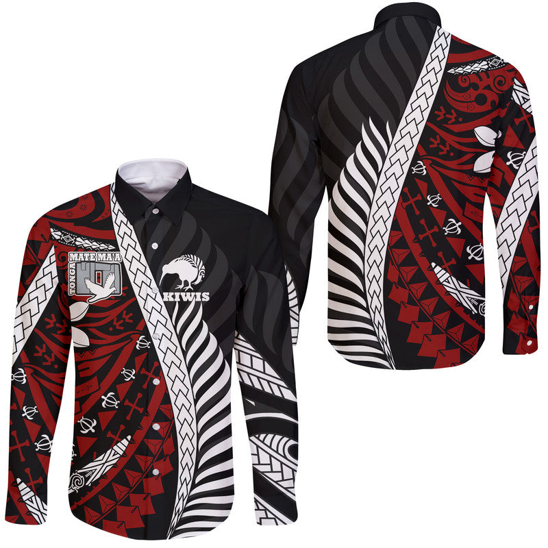 Mate Ma'a Tonga Mixed Aotearoa Kiwis Rugby Hawaii Long Sleeve Button Shirt Silver Fern Mixed Polynesian Style LT9 Unisex Black - Polynesian Pride