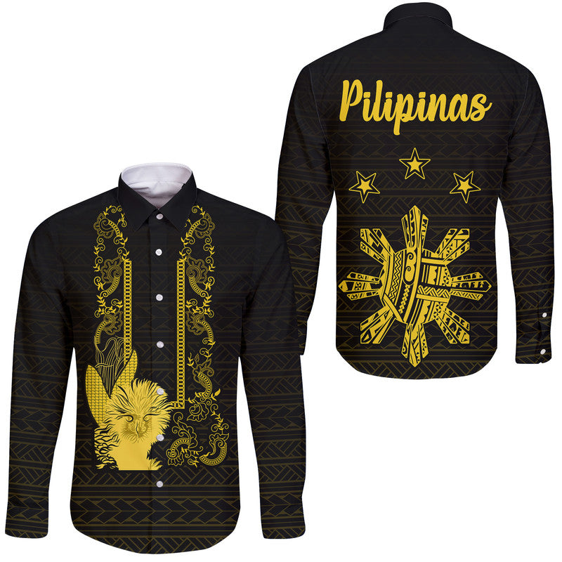 Philippines Eagle Barong Hawaii Long Sleeve Button Shirt Filipino Eight Rayed Gold Sun LT9 Unisex Black - Polynesian Pride