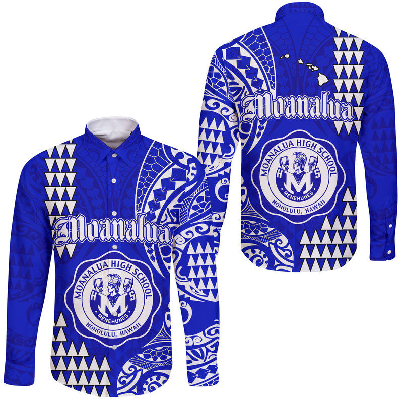 Hawaii Moanalua High School Hawaii Long Sleeve Button Shirt Tribal Kakau LT9 Unisex Blue - Polynesian Pride