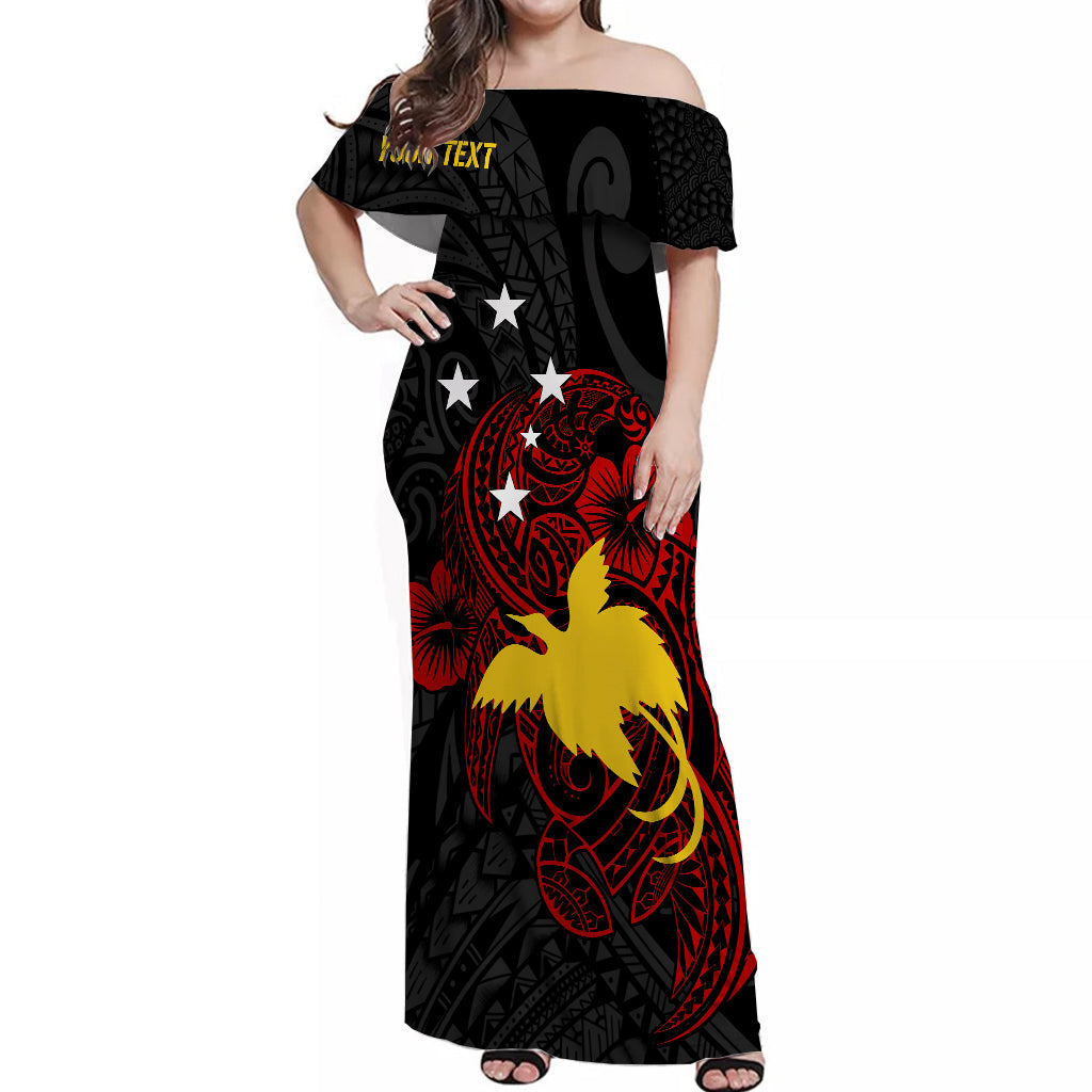 Personalised Papua New Guinea 47th Independence Off Shoulder Long Dress Tribal Turtle LT7 Women Black - Polynesian Pride