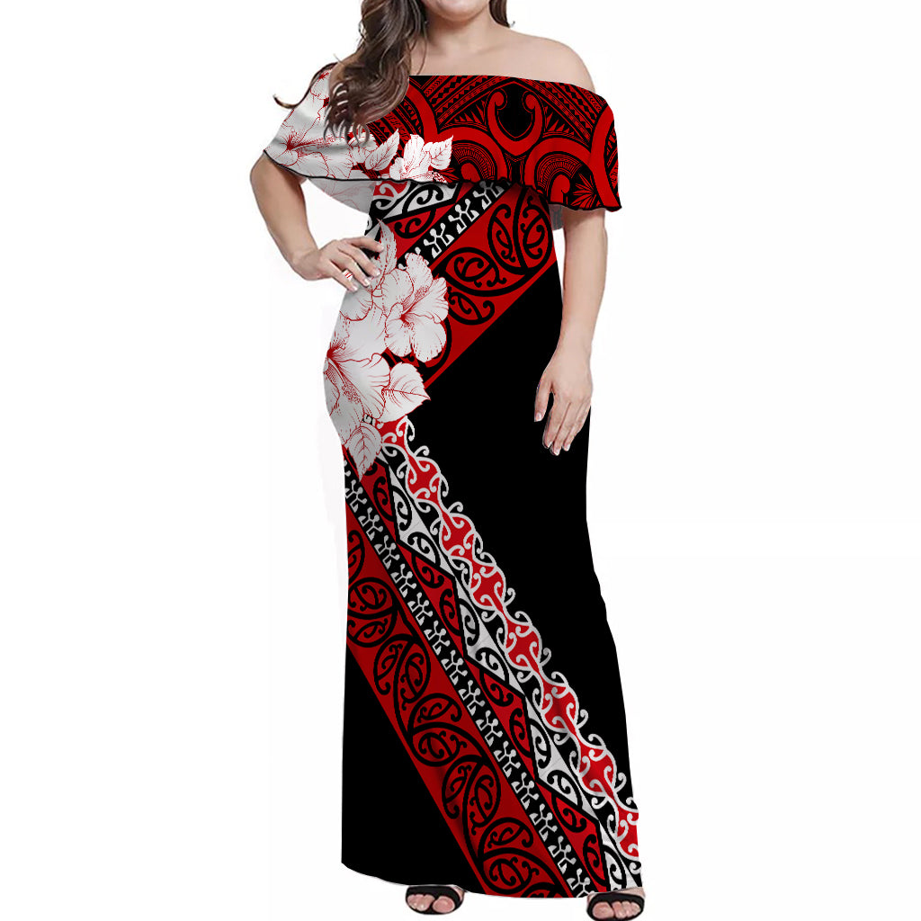 Maori Off Shoulder Long Dress Koru Special Vibes LT7 Women Black - Polynesian Pride