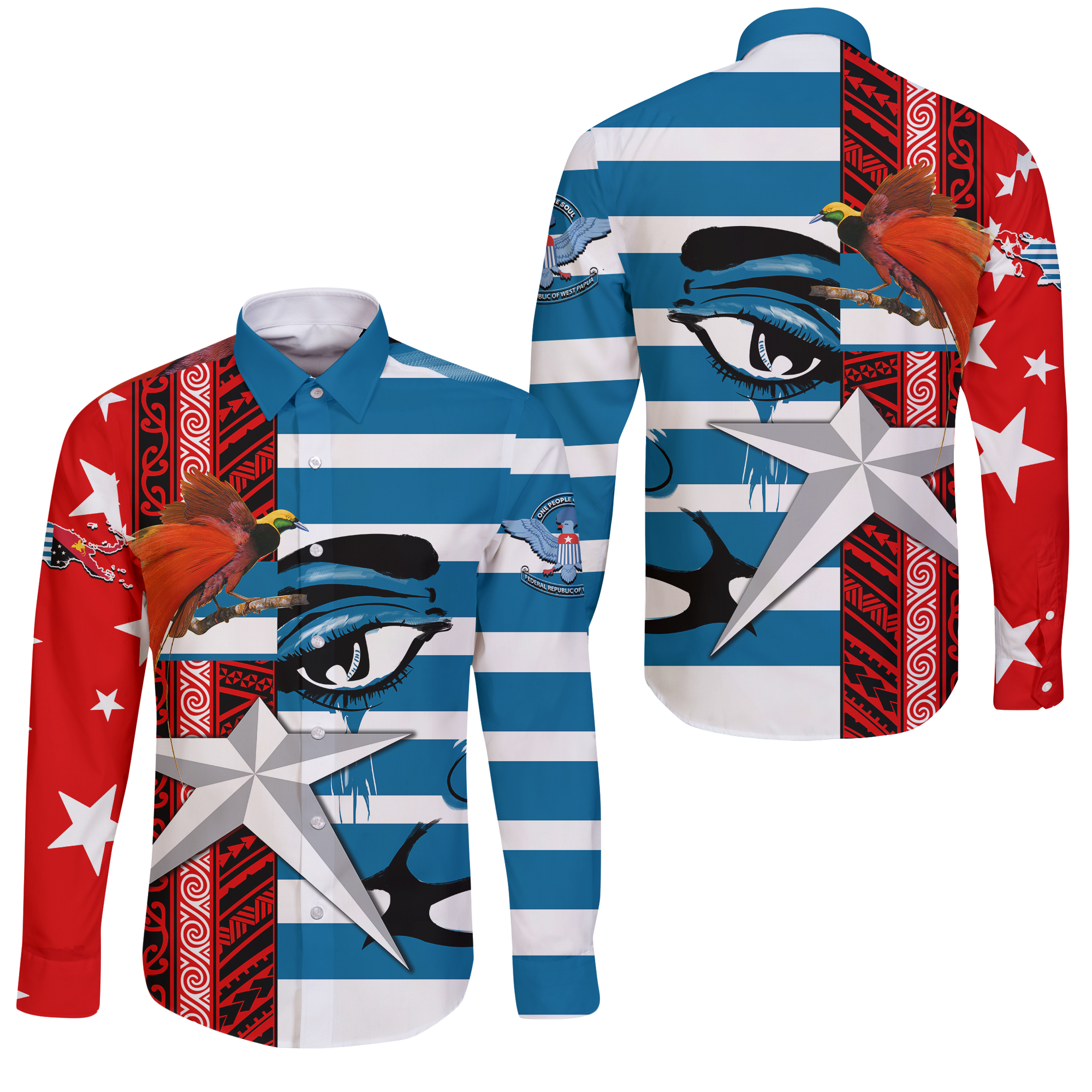 Free West Papua Birds Of Paradise Polynesia Long Sleeve Button Shirt - LT2 Unisex BLUE - Polynesian Pride