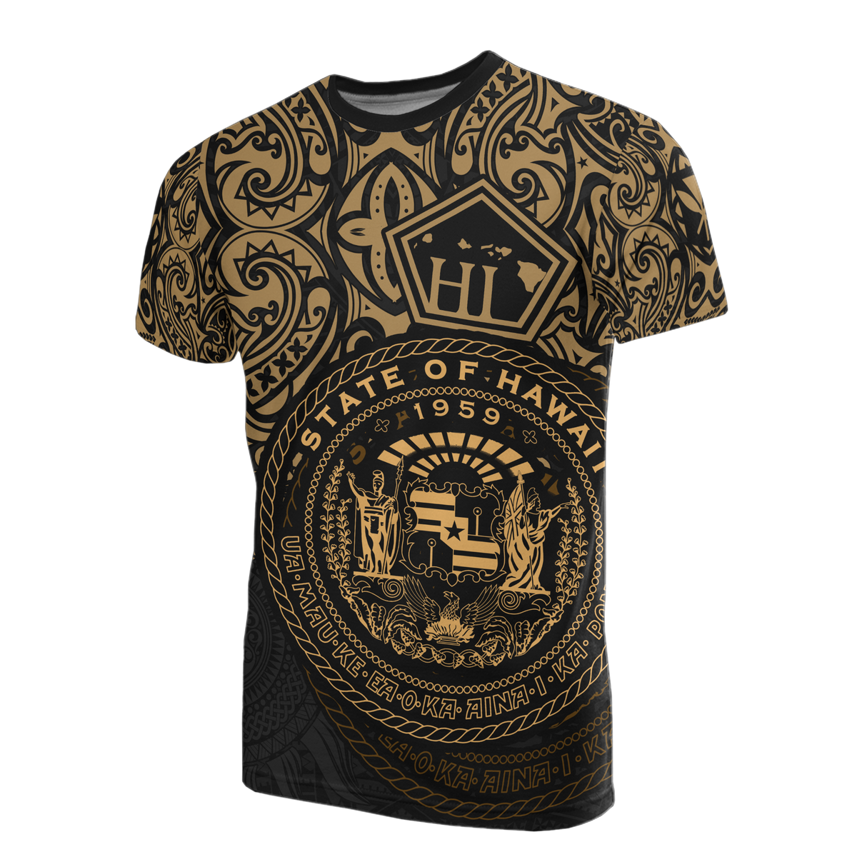 Hawaii Pride T Shirt Hawaii Seal Polynesian Tattoo (Gold) Unisex BLACK - Polynesian Pride