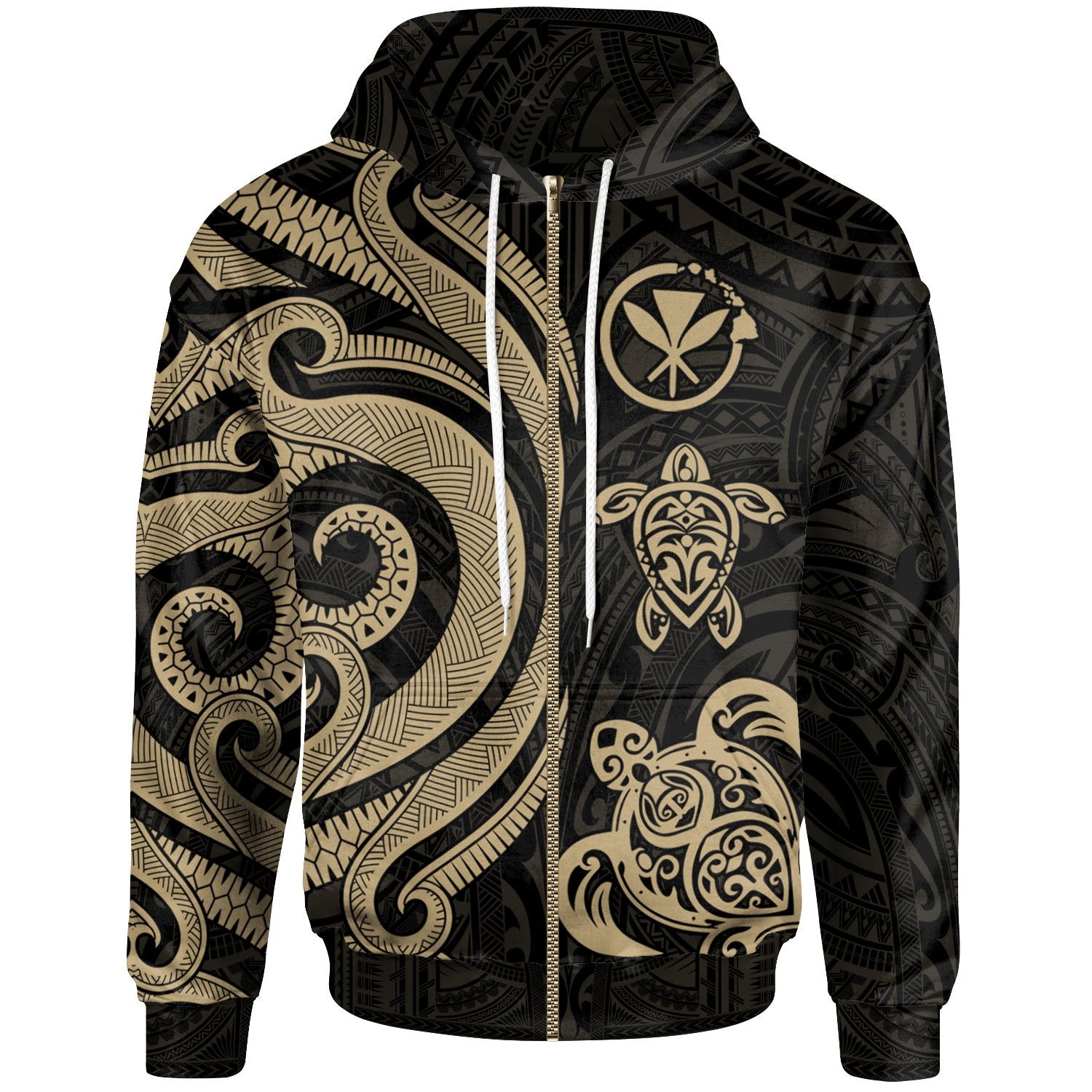 Polynesian Hawaii Zip up Hoodie Gold Tentacle Turtle Unisex Gold - Polynesian Pride