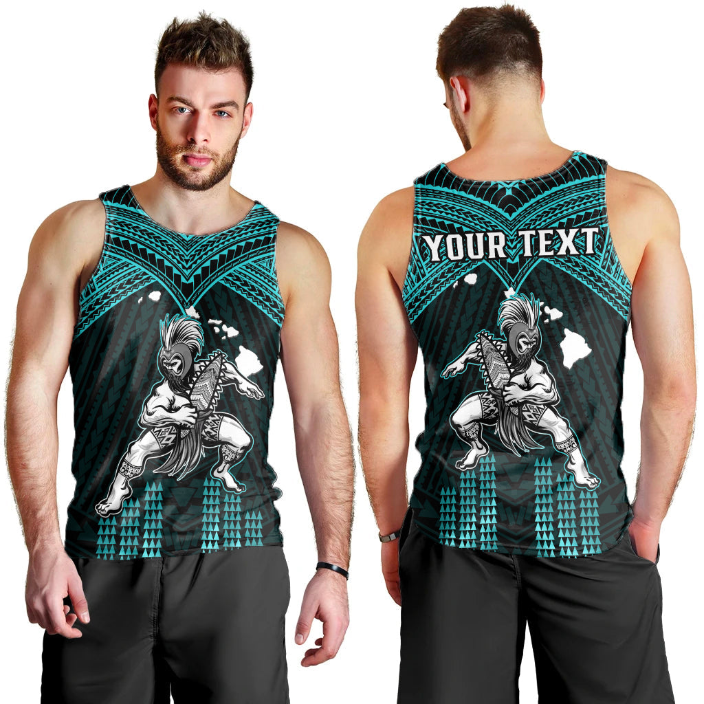 (Custom Personalised) Hawaii Men Tank Top Hawaiian Warrior With Weapon Polynesian Ver.02 LT14 Turquoise - Polynesian Pride