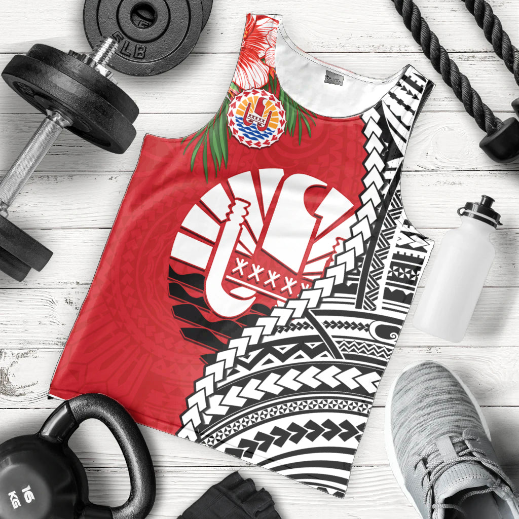 (Custom Personalised) Tahiti Islands Men Tank Top Polynesian Shark Mix Tropical Flowers LT14 Red - Polynesian Pride