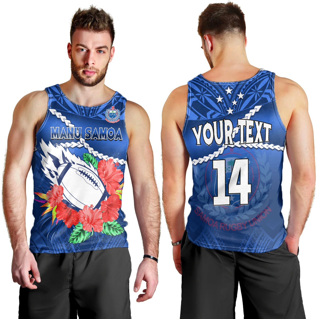 (Custom Text And Number) Samoa Rugby Men Tank Top Manu Samoa Polynesian Hibiscus Blue Style LT14 - Polynesian Pride