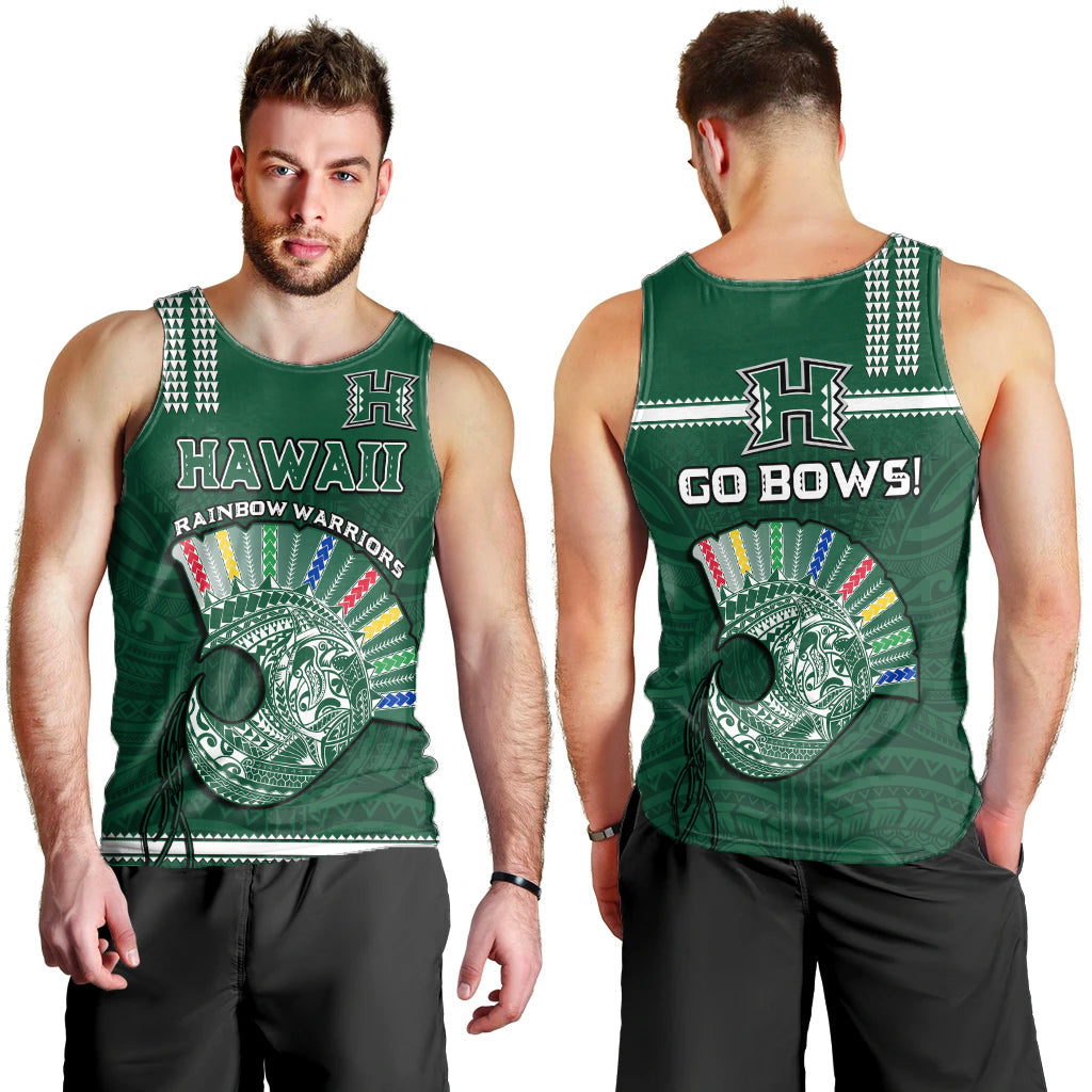 Hawaii Football Men Tank Top Kakau Rainbow Warriors Helmet Go Bows LT14 Green - Polynesian Pride