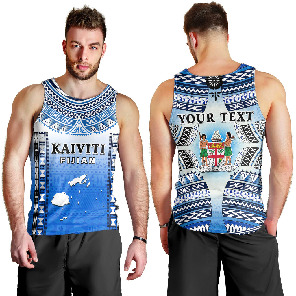 Custom Text And Number Fiji Men Tank Top Kaiviti Fijian Special Tapa Pattern LT14 Blue - Polynesian Pride