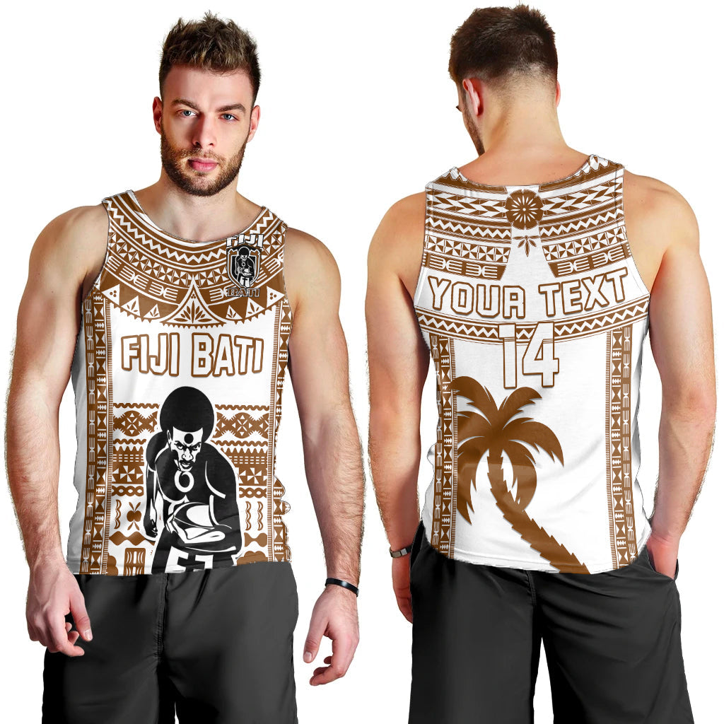 Custom Text And Number Fiji Rugby Men Tank Top Pacific The Bati Brown Fijian Tapa LT14 Brown - Polynesian Pride