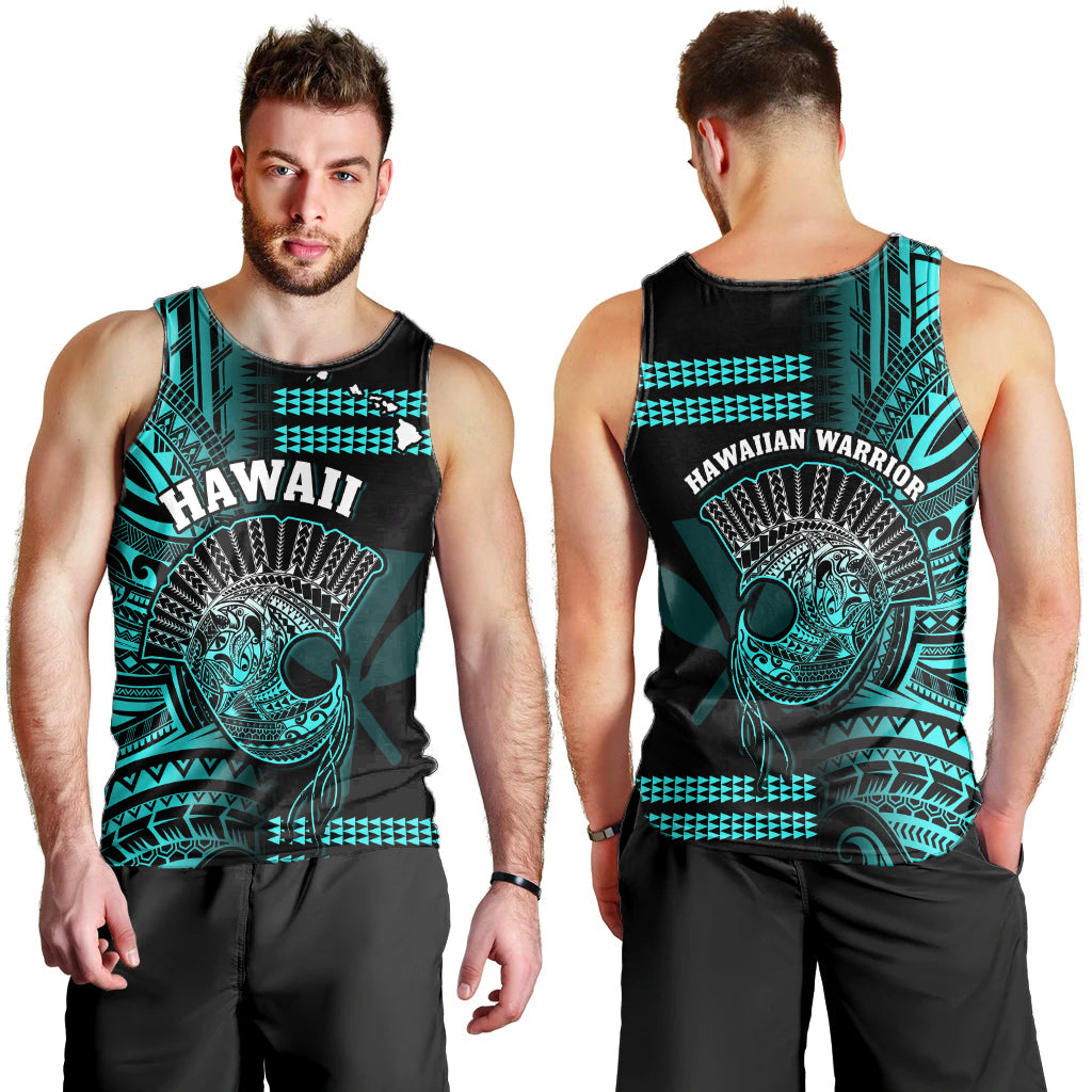 Hawaii Men Tank Top Kakau Warrior Helmet Gradient Turquoise Polynesian LT14 Turquoise - Polynesian Pride