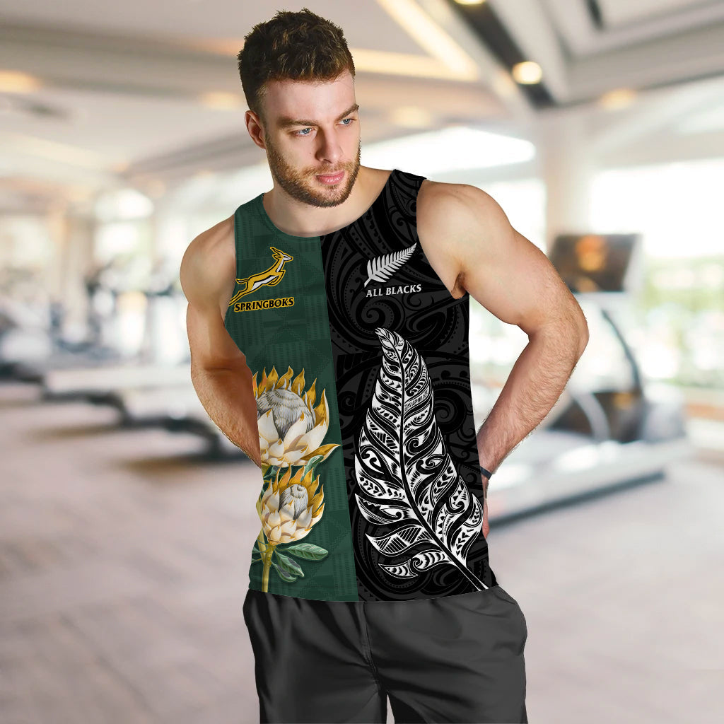 (Custom Text and Number) South Africa Protea and New Zealand Fern Men Tank Top Rugby Go Springboks vs All Black LT13 - Polynesian Pride