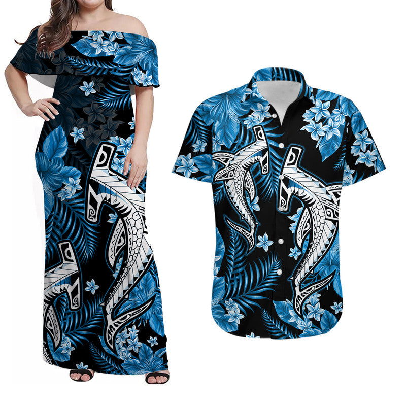 Hawaii Summer Colorful Shark Matching Dress and Hawaiian Shirt Light Blue LT6 Blue - Polynesian Pride