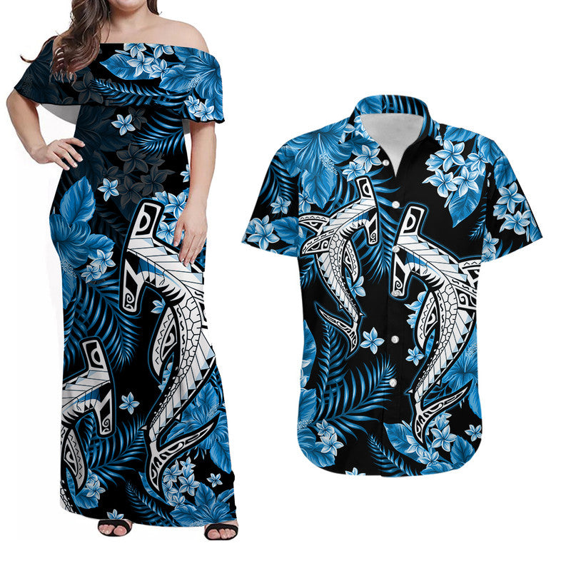 Hawaii Summer Colorful Shark Matching Dress and Hawaiian Shirt Light Blue