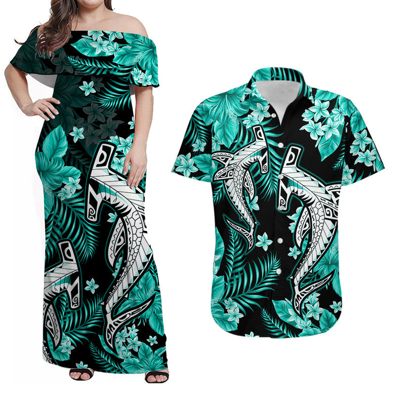 His And Her Hawaii Matching Outfits Hawaii Summer Colorful Shark Matching Dress and Hawaiian Shirt Turquesa LT6 Green - Polynesian Pride