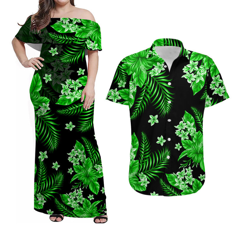 Polynesian Couple Outfits Hawaii Summer Colorful Matching Dress and Hawaiian Shirt Green LT6 Green - Polynesian Pride