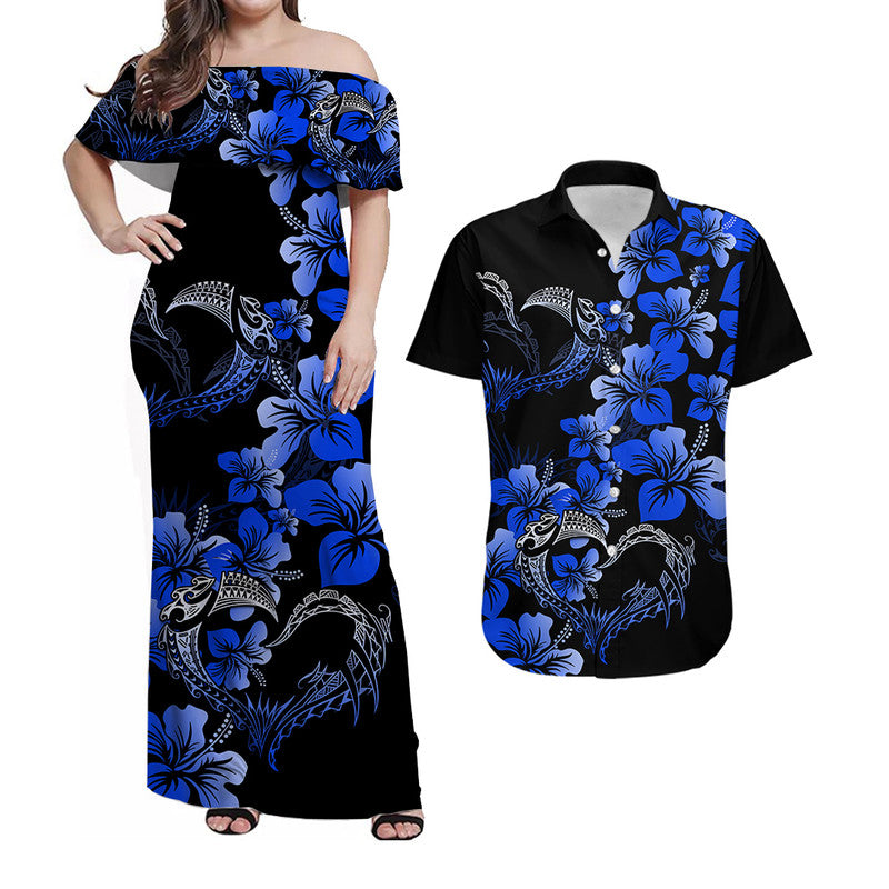Polynesian Valentine Matching Dress and Hawaiian Shirt Hibiscus Flowers Blue Style LT6 Blue - Polynesian Pride