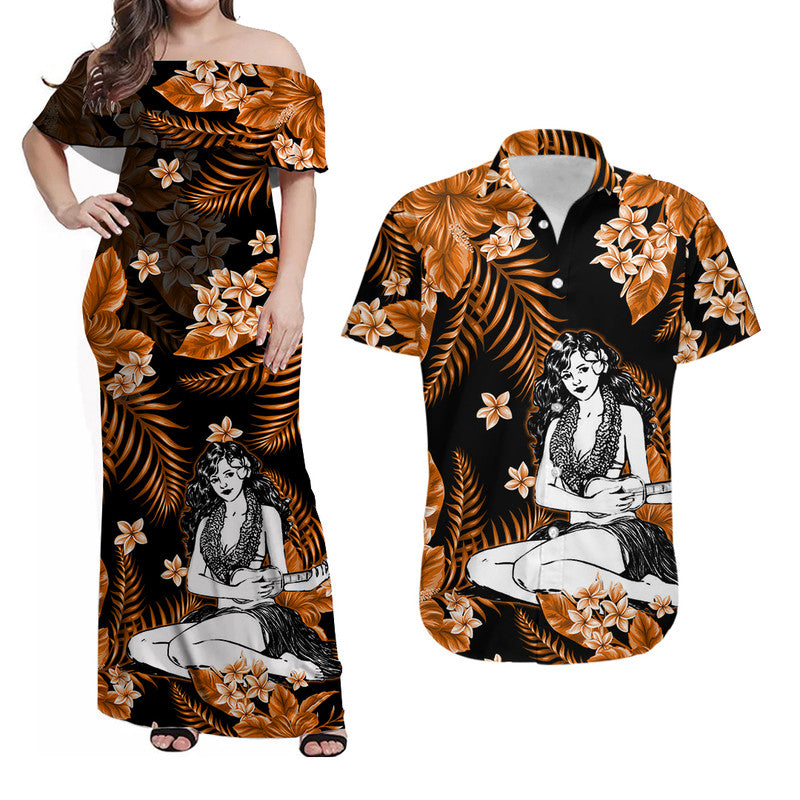 Hawaii Summer Colorful Hula Girl Matching Dress and Hawaiian Shirt Orange LT6 Orange - Polynesian Pride