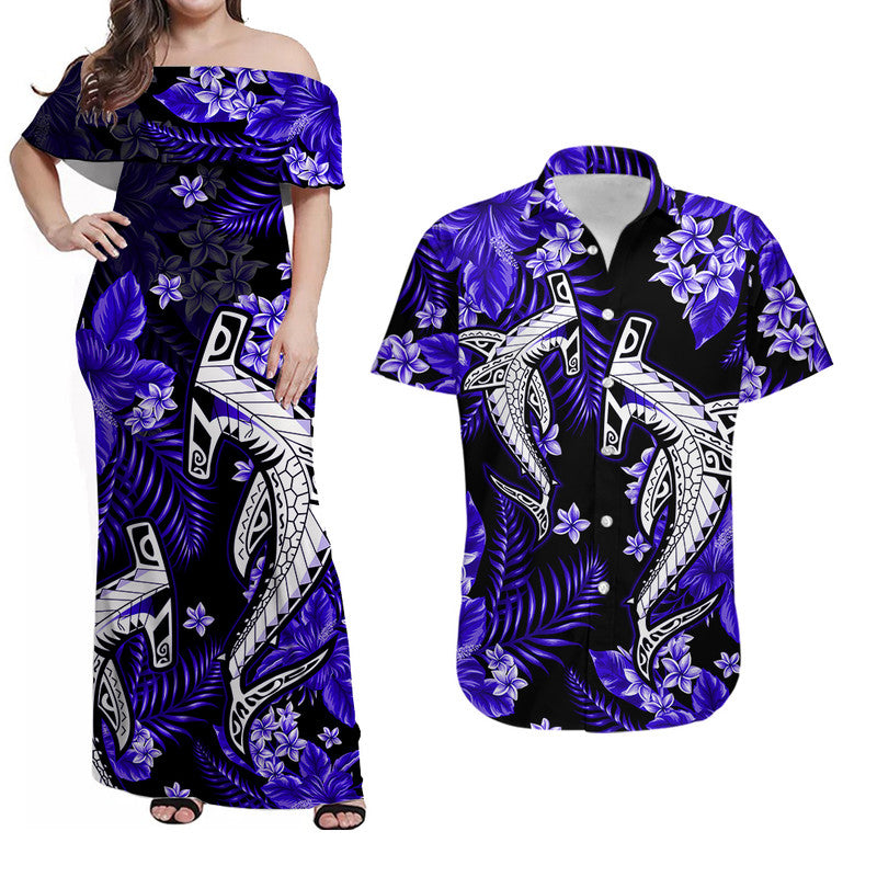 Hawaii Summer Colorful Shark Matching Dress and Hawaiian Shirt Dark Blue LT6 Blue - Polynesian Pride