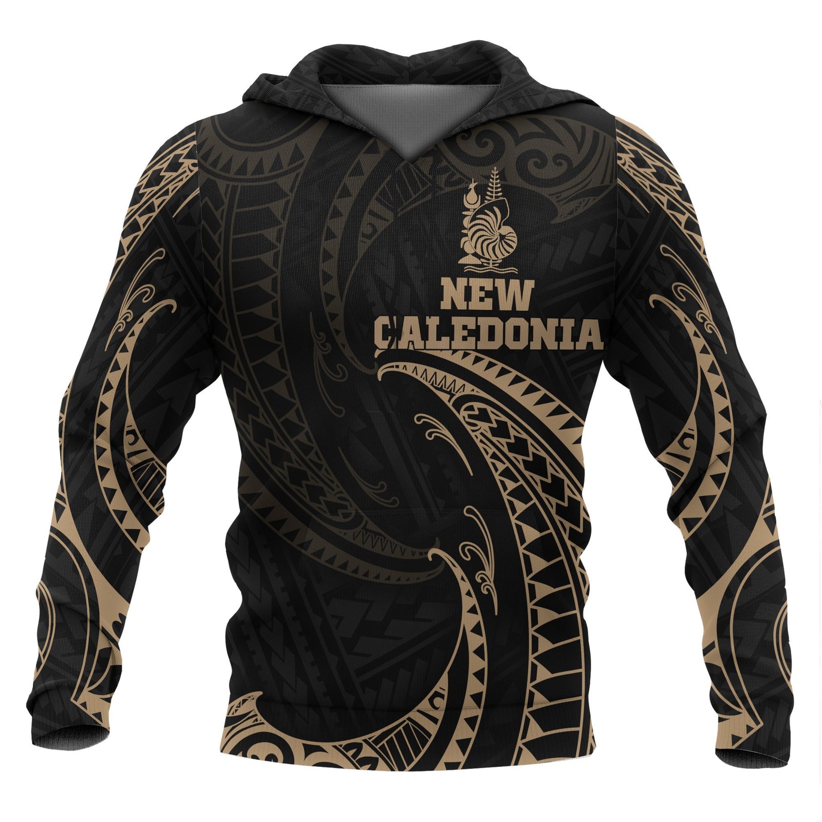 New Caledonia Polynesian Hoodie Gold Tribal Wave Unisex Black - Polynesian Pride
