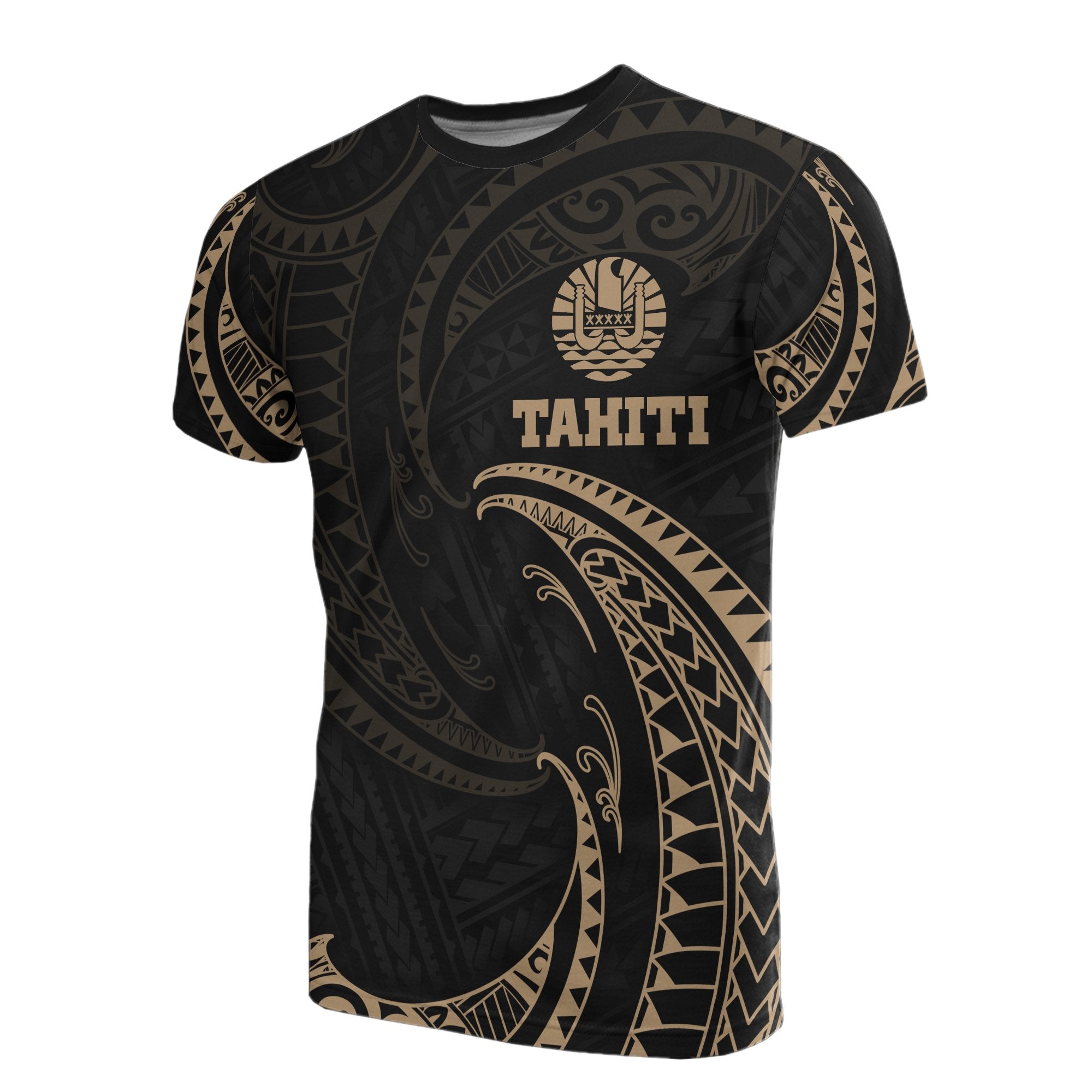 Tahiti Polynesian All Over T Shirt Gold Tribal Wave Unisex Black - Polynesian Pride