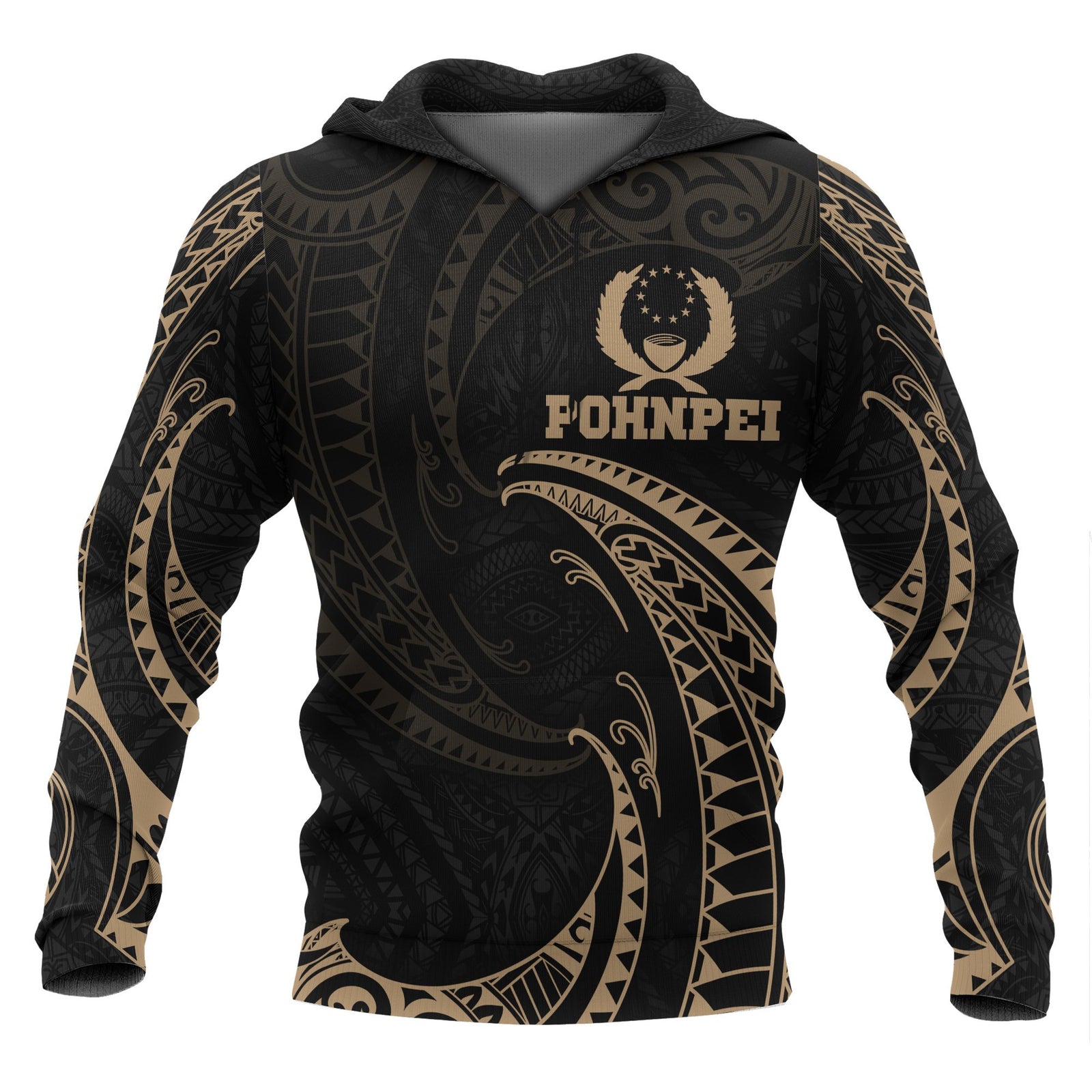 Pohnpei Micronesia Hoodie Gold Tribal Wave Unisex Black - Polynesian Pride