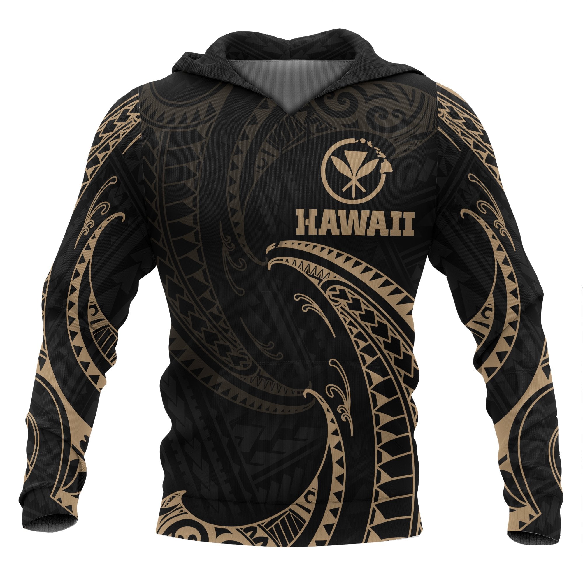 Hawaii Polynesian Hoodie Gold Tribal Wave Unisex Black - Polynesian Pride
