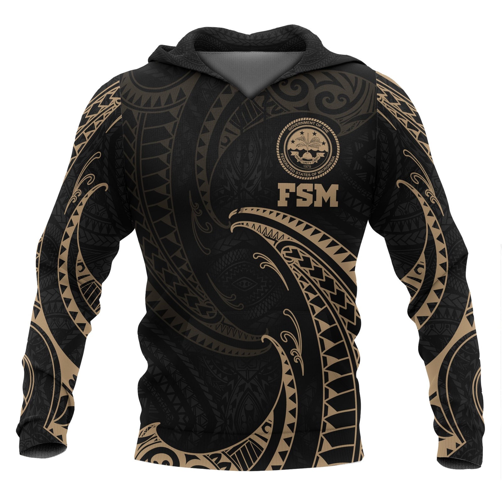 Federated States of Micronesia ll Over Hoodie Gold Tribal Wave Unisex Black - Polynesian Pride