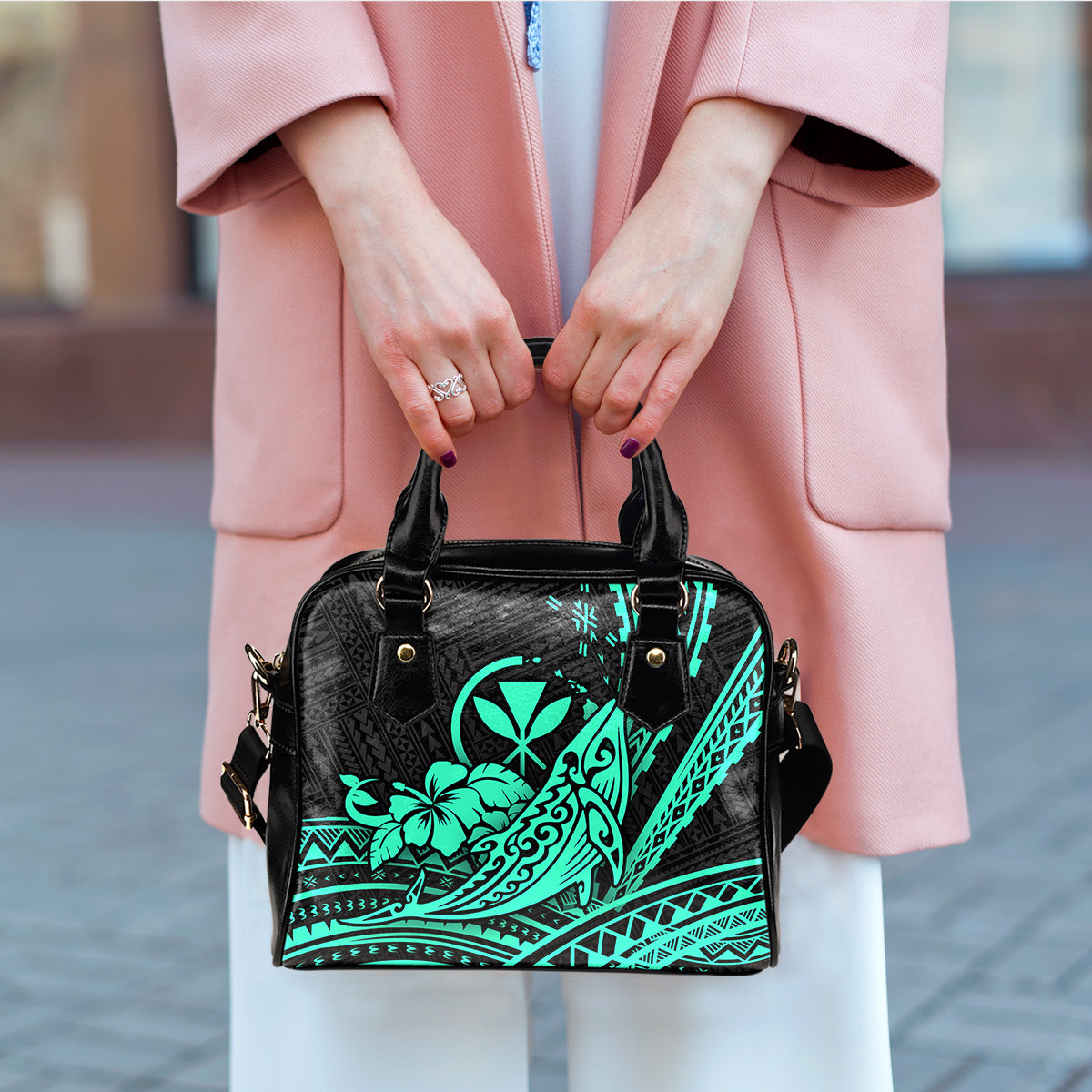 Hawaii Humpback Whale With Hibiscus Tribal Turquoise Shoulder Handbag - LT12 - Polynesian Pride