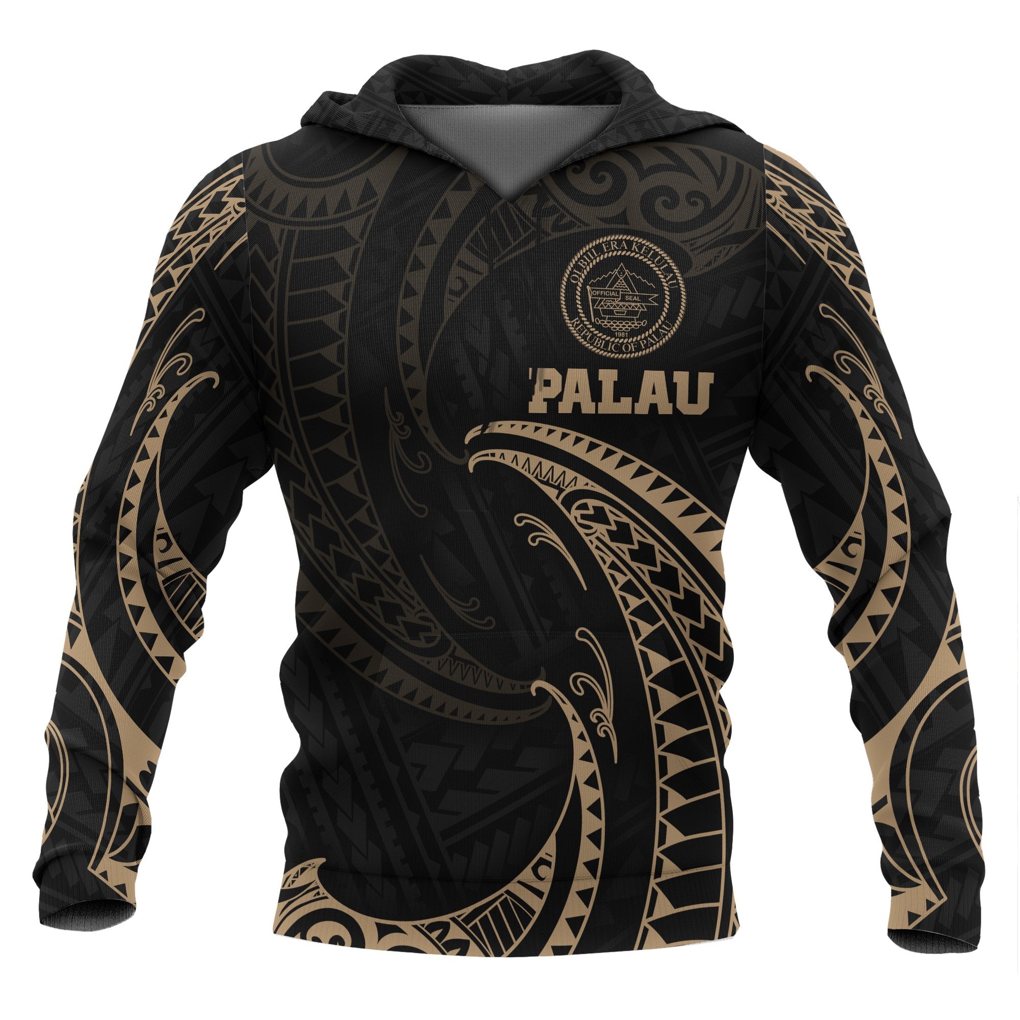 Palau Polynesian Hoodie Gold Tribal Wave Unisex Black - Polynesian Pride