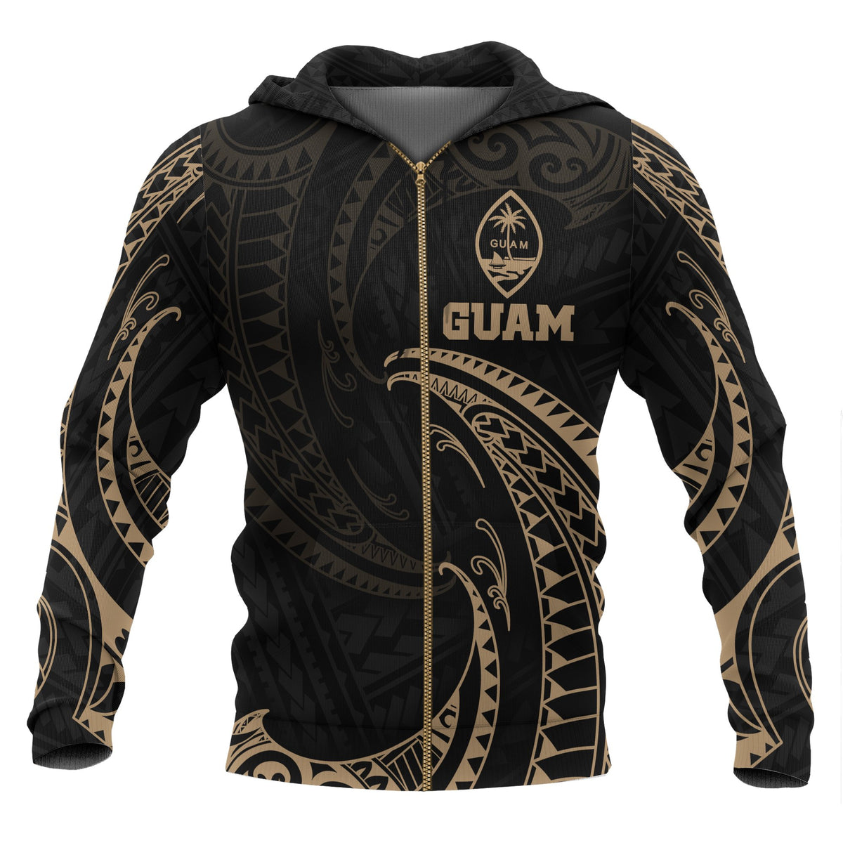 Guam Polynesian All Over Zip up Hoodie Gold Tribal Wave Unisex Black - Polynesian Pride