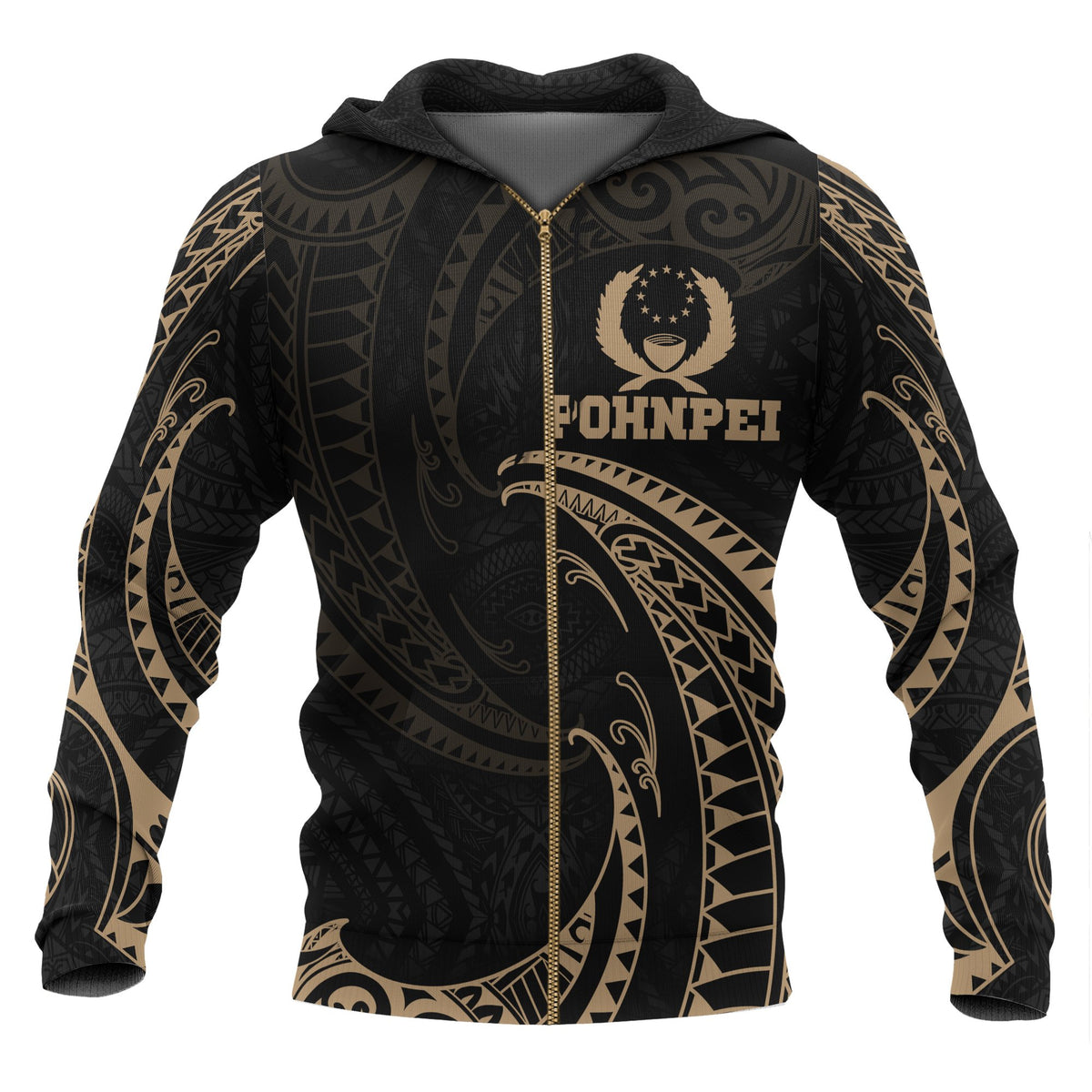 Pohnpei Micronesia All Over Zip up Hoodie Gold Tribal Wave Unisex Black - Polynesian Pride
