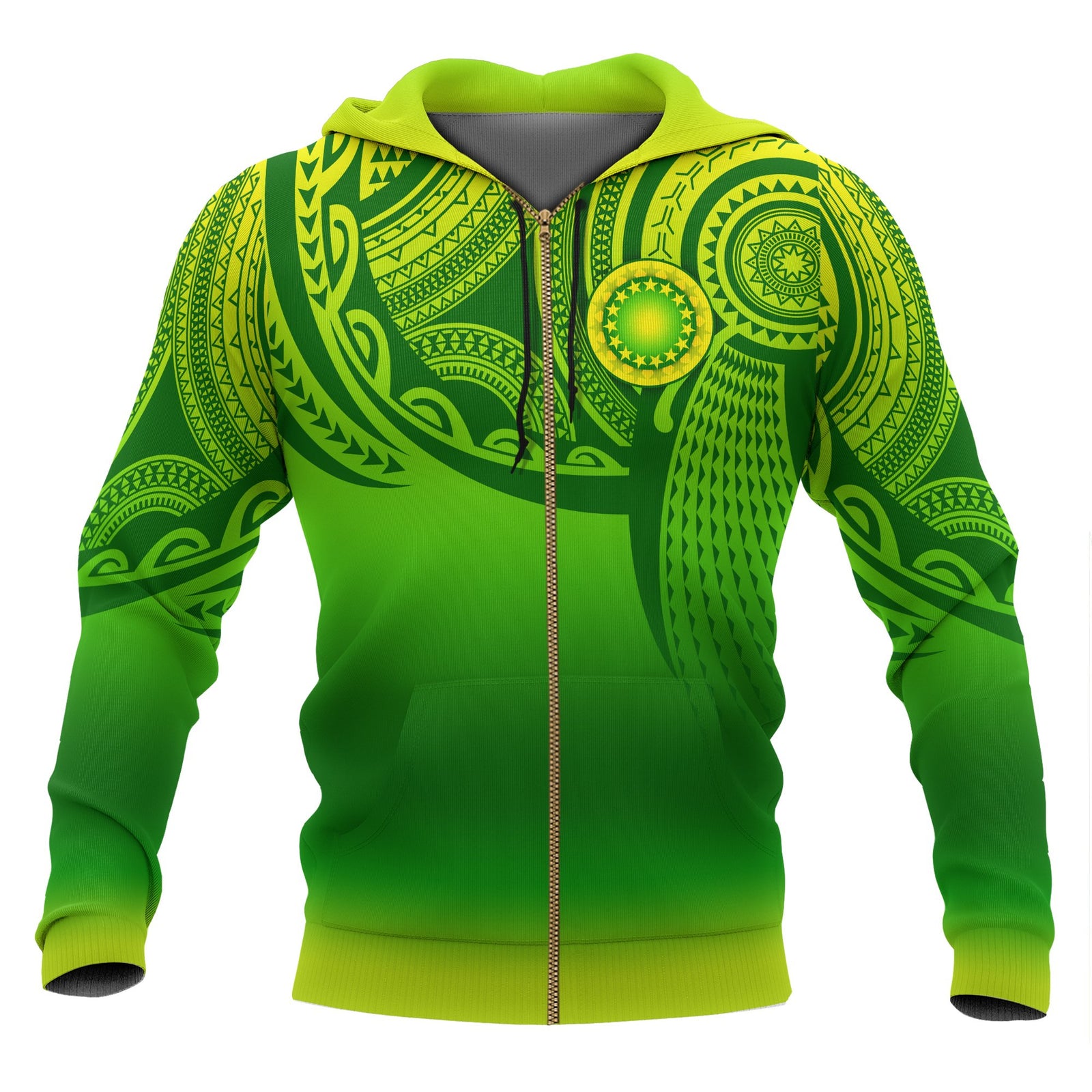 Cook Islands Polynesian Zip up Hoodie Tattoo Pattern Unisex Green - Polynesian Pride