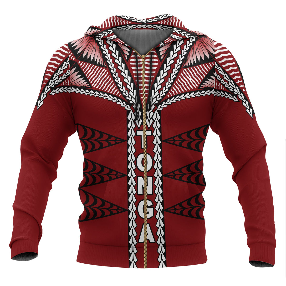 Tonga Polynesian All Over Zip up Hoodie Tongan Ngatu Pattern Unisex Red - Polynesian Pride